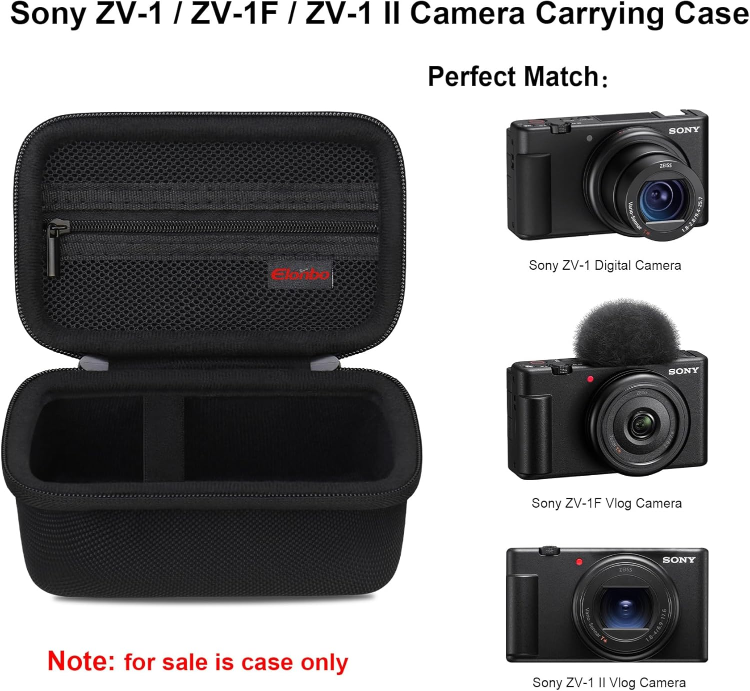 Elonbo Carrying Case for Sony ZV-1F/ ZV-1 II/ZV-1 Vlog Digital Camera for Content Creators, Sony ZV1 Vlogging Camera Hard Travel Bag, Mesh Pocket Fits Battery Card Reader Cable, Black - Black image number 2