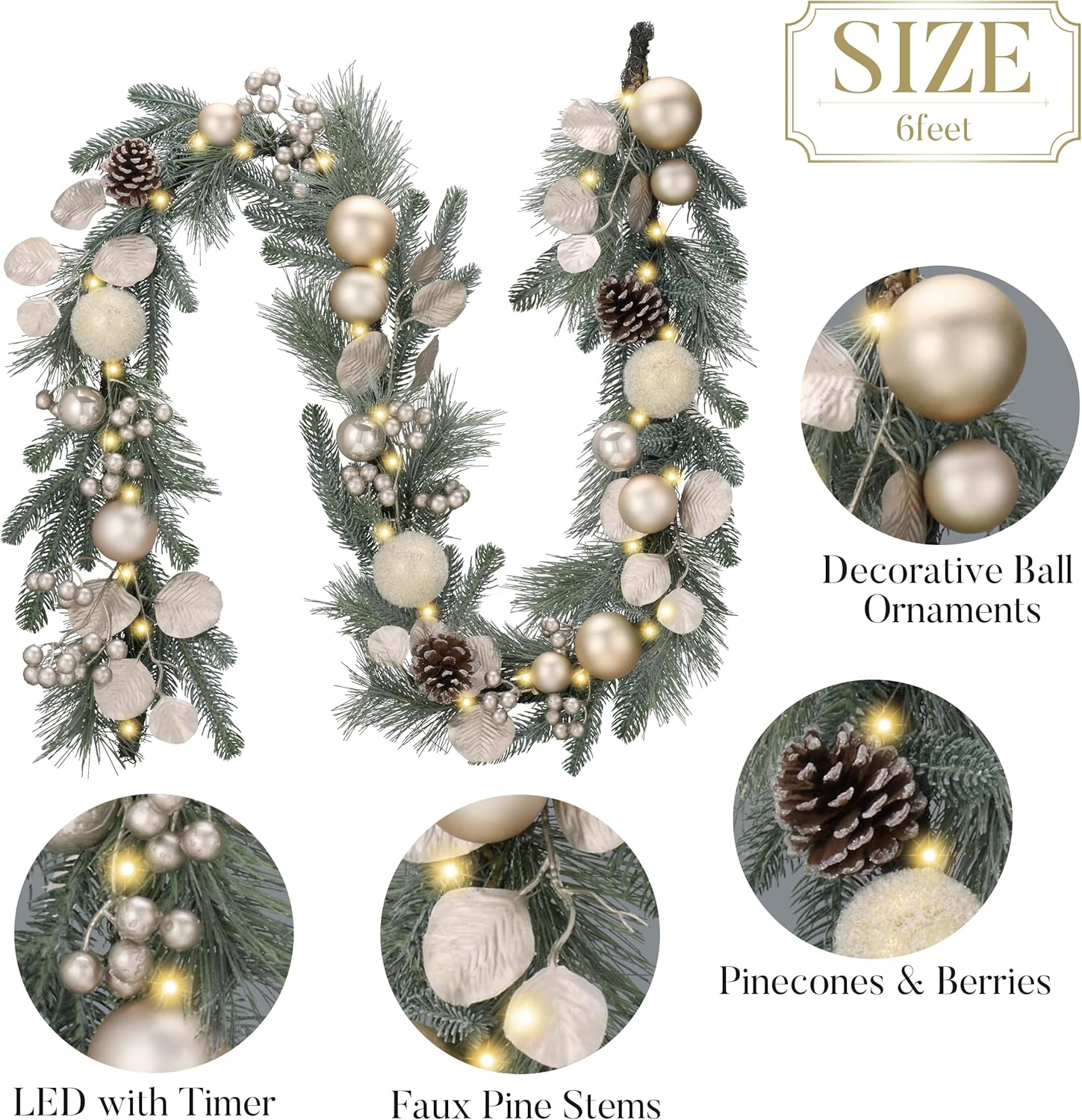 Valery Madelyn 6 Ft Pre-Lit Christmas Garland with Lights for Mantle, Lighted Outdoor Xmas Garland with White Gold Balls Norfolk Pine for Home Stairs Fireplace Table Centerpiece Indoor Holiday Decor image number 4