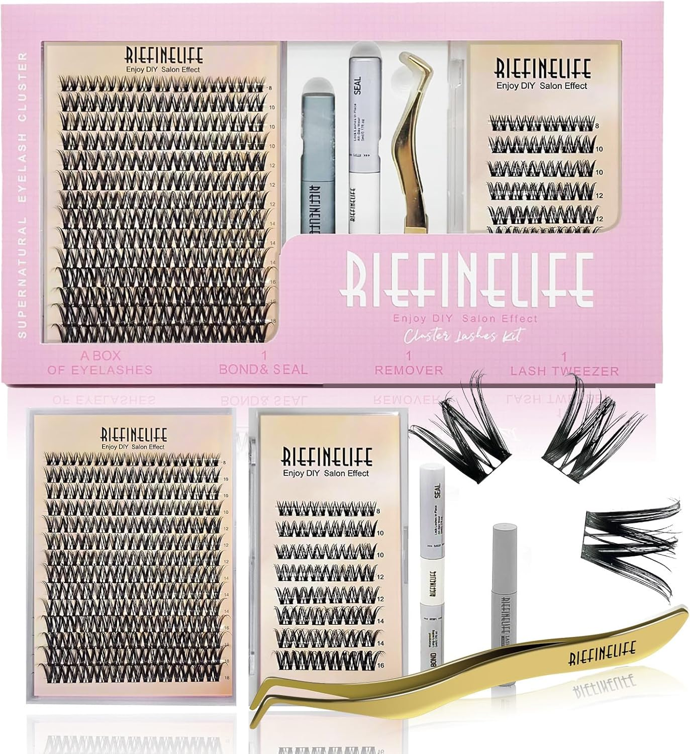 Spiky Cluster Lashes, Wispy 8-18Mm DIY Eyelash Extensions Kit, C and D Curl Pro Cluster & Individual Lashes with Bond, Remover, Applicator, Tweezers,Eyelashes Clusters Kit for Home and Party (Black-Mangga)