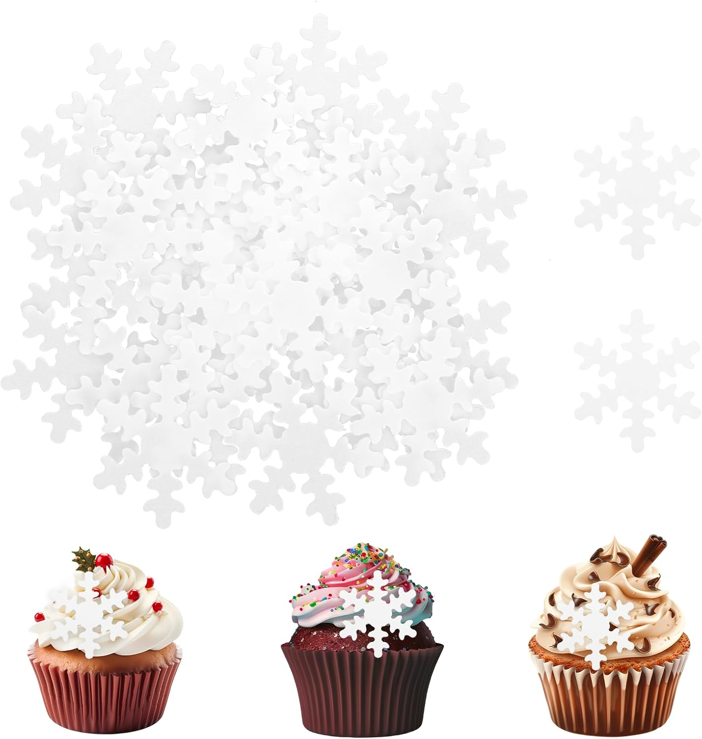 Giantree 50 Pcs Edible Snowflakes Cake Toppers, White Edible Snowflakes Cupcake Toppers, Wafer Paper Snowflake Cake Sprinkles for Christmas Winter Holiday Frozen Theme Party Supplies(White) image number 6