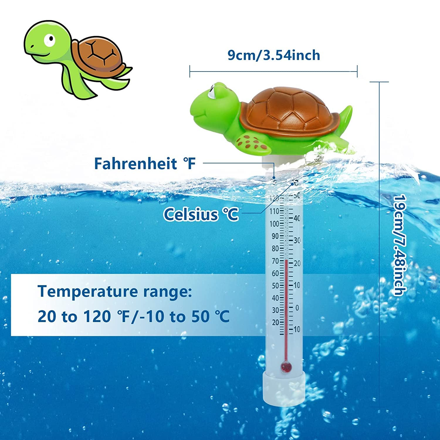 Floating Pool Thermometer, Large Display with String Easy to Read, Shatter Resistant, for Outdoor & Indoor Swimming Pools, Spas, Hot Tubs & Aquariums (Turtle) image number 5