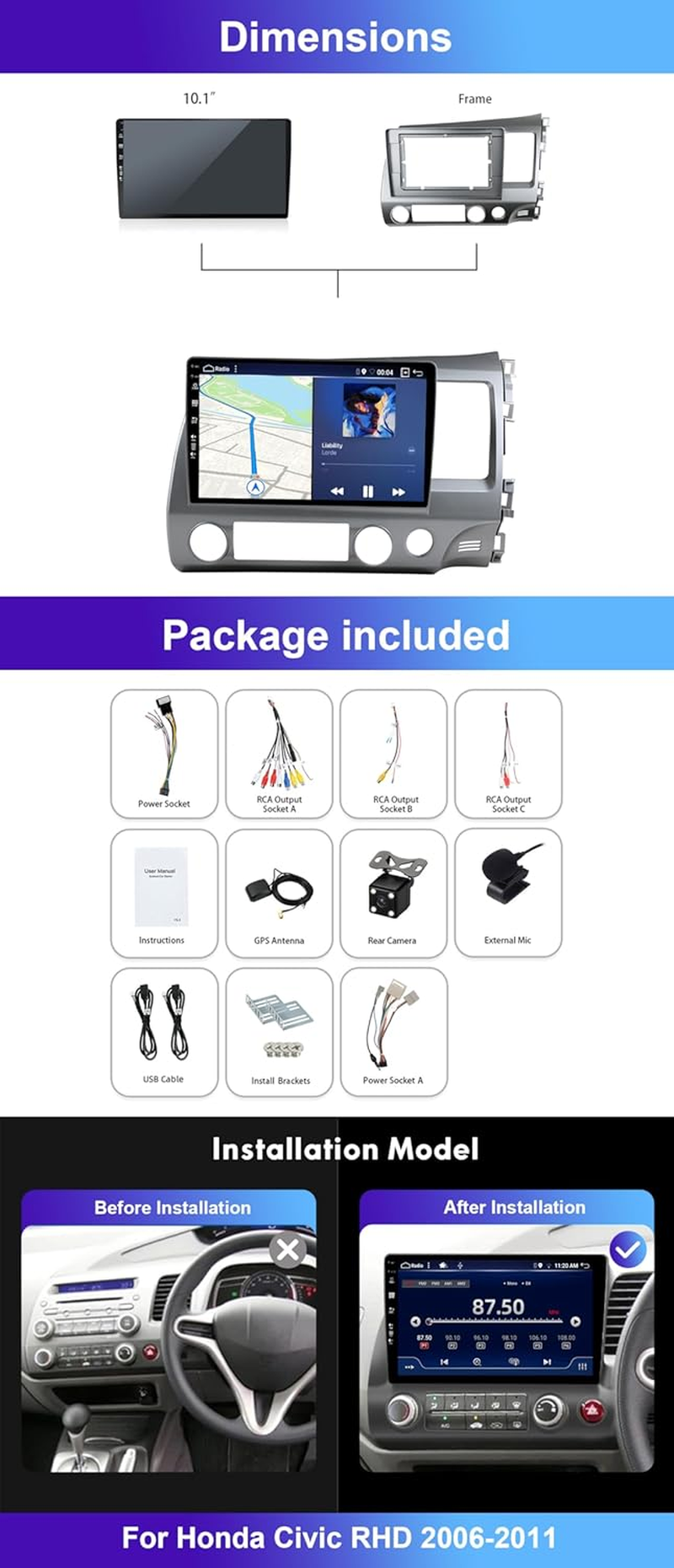 8+256G Android 14 Car Stereo Radio for Honda Civic RHD 2006-2011 GPS Navi IPS 10In Android Auto Carplay DSP Fast Boot Camera Mic Wifi BT5.0 image number 4