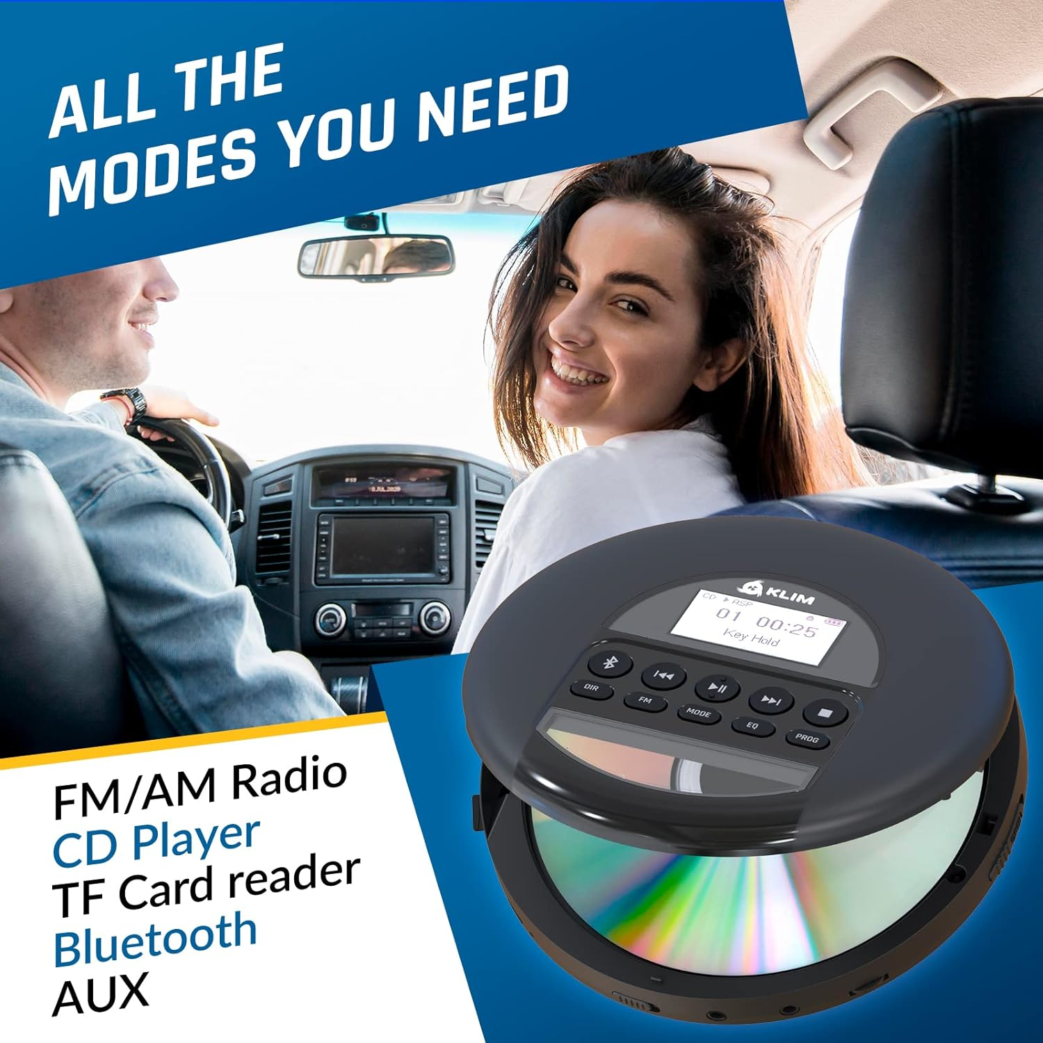 KLIM Nomad - New - Portable CD Player Walkman with Long-Lasting Battery - with Headphones - Radio FM - Compatible MP3 CD Player Portable - TF Card Radio FM Bluetooth - Ideal for Cars - Black image number 1