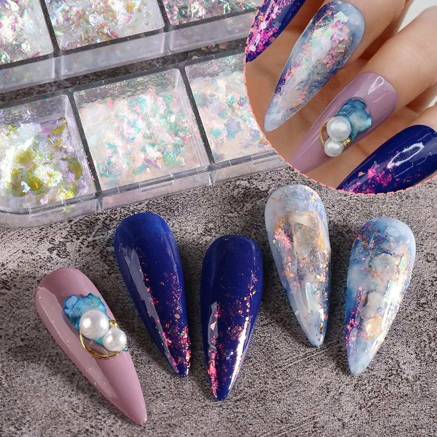 Holographic Nail Glitter,1Boxes 12Grids Nail Flakes Aurora Iridescent Irregular Paillettes,Mermaid Bright Colorful Ice Foil Nail Sequins for DIY Nail Art Decoration Shining Flakes image number 4