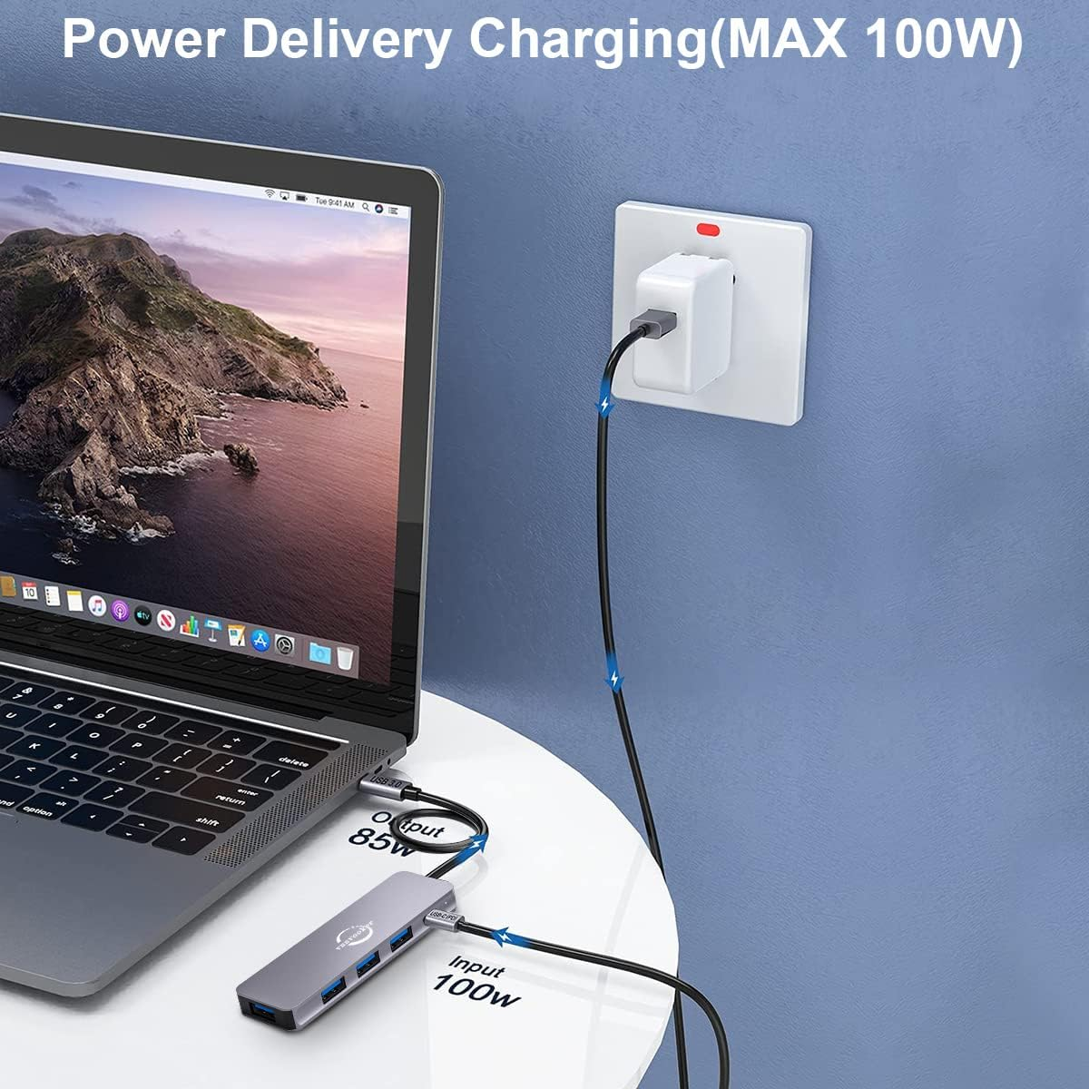 USB C Hub,Vunvooker 5In1 USBC Dongle with Long Cable,Usb C Splitter,Usb-C Expander for Laptop(100W PD,4 Port USB 3.0 Hub),Ultra Slim Mini Data Adapter for Macbook Pro/Air,Imac,Surface,Xps,Notebook image number 3