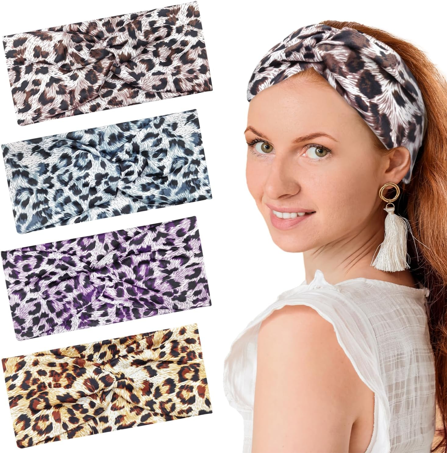 4 Pcs Headband, Headbands Print Leopard Headbands Wide Bandanas Accessories Hairband for Women Girls Knotted Head Bands for Adult Women Hair Suitable for Yoga Cycling Pilates Running image number 1
