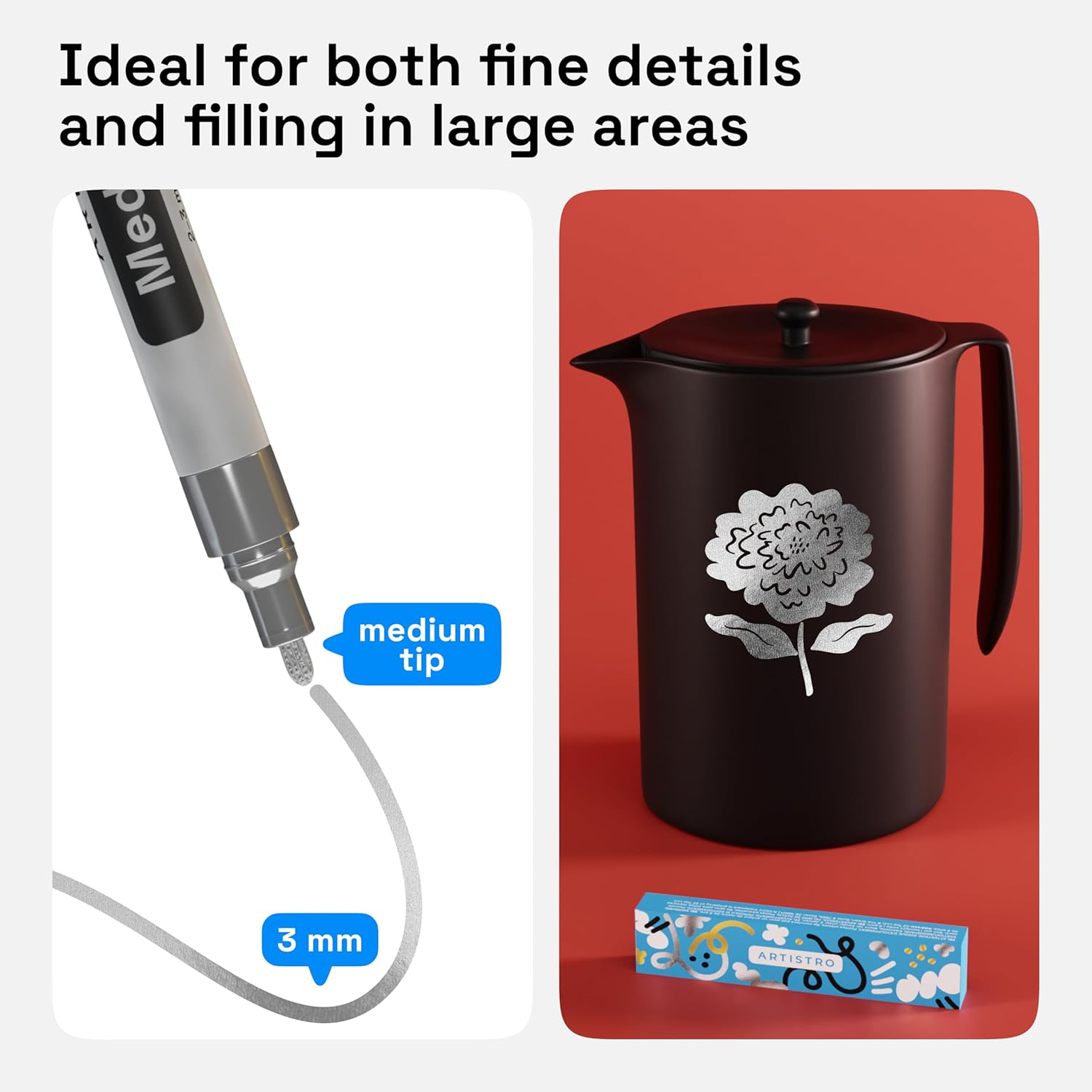 ARTISTRO 2 Silver Acrylic Paint Pens for Rock Ceramic Wood Glass Metal Fabric Plastic - 3Mm Metallic Paint Markers Ideal for Scrapbooking DIY Crafts Art Projects image number 2