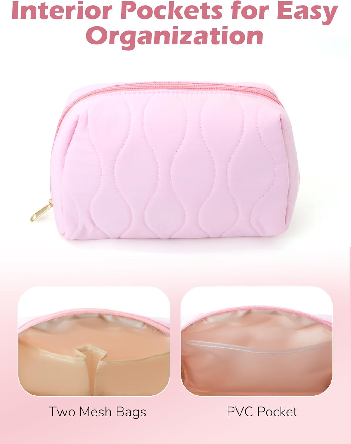 Makeup Bag, Travel Cosmetic Bag, Make up Organizer Case, Travel Toiletry Organizer, Wide-Open Pouch Purse, Cute Makeup Brushes Aesthetic Accessories Storage Bag for Women (Khaki) - Pink image number 5