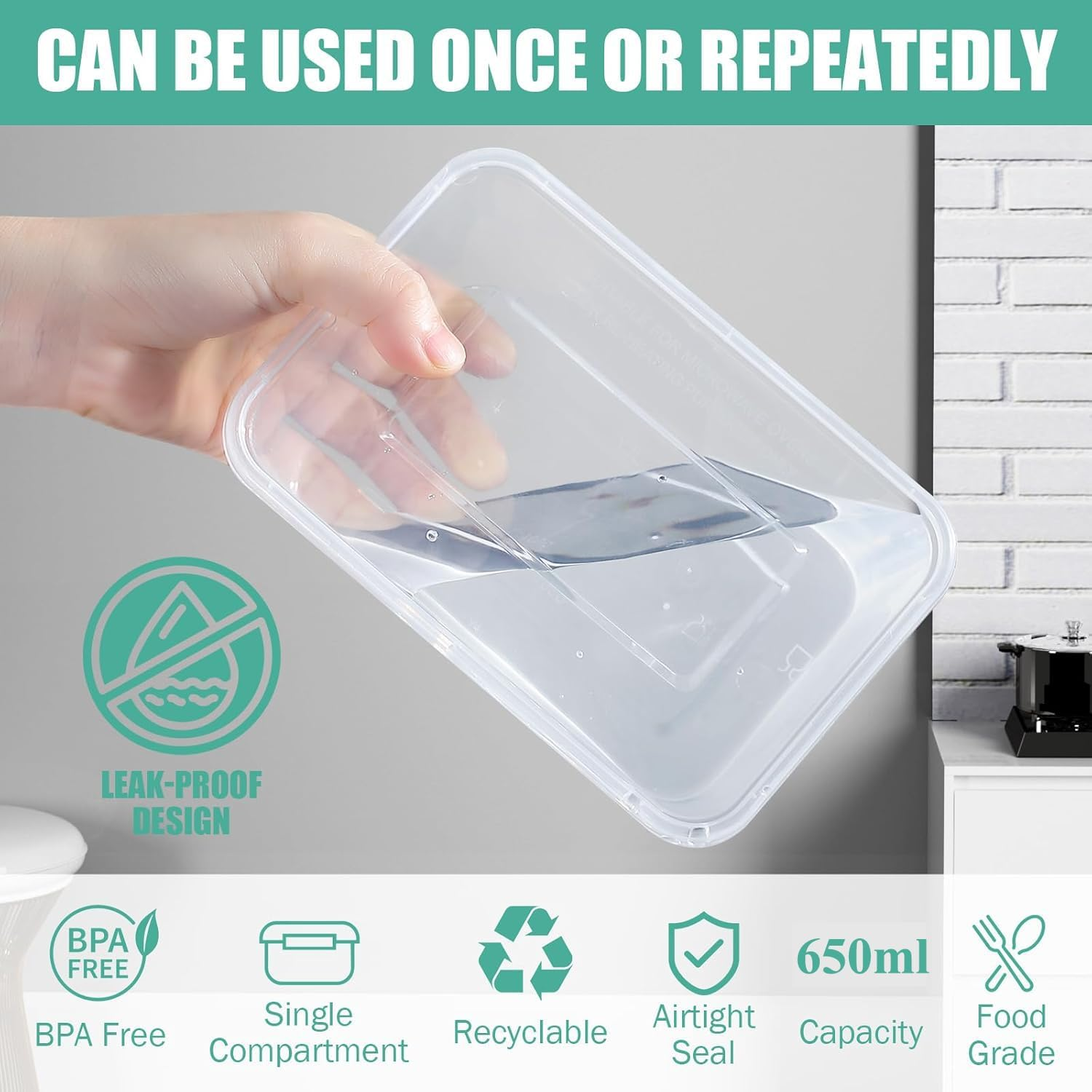 50 SETS 650Ml Takeaway Containers with Lids,Disposable Containers,Meal Preparation Container,50 Food Storage Container with Lid, Reusable Lunch Box, Clear Plastic Foods Lunch Box, Bpa-Free, Bento Box image number 4