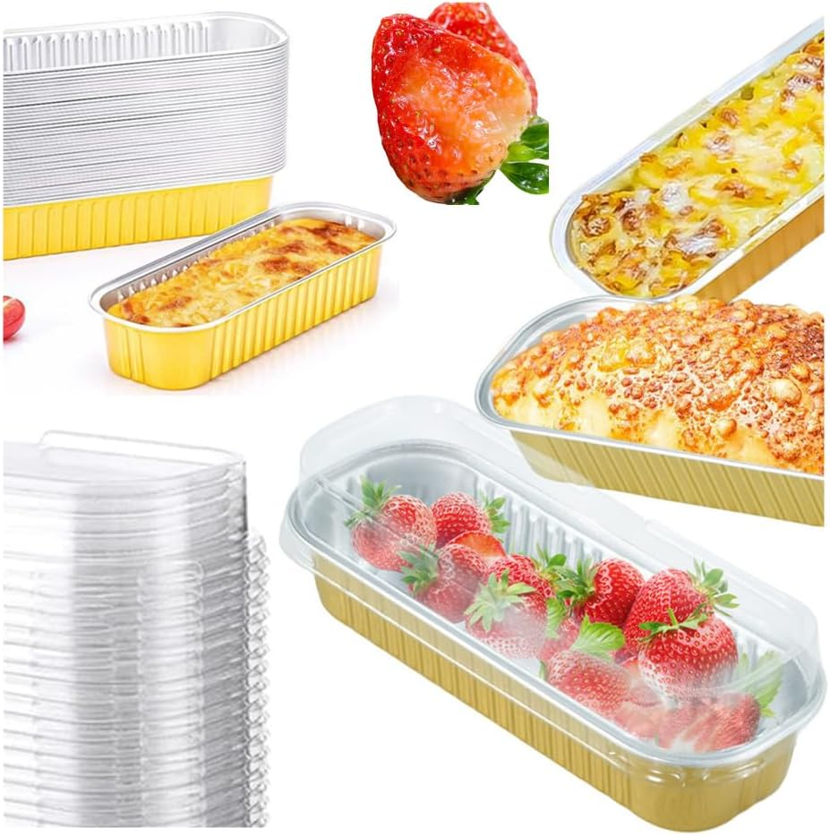 Mini Cake Pans, Cuicanfla 50 Pack Mini Golden Loaf Pans with Lids, Rectangular Aluminum Foil Baking Pans, Cupcake Containers Wrappers Cheesecake Creme Brulee Ramekins, for Home Picnic Party image number 2
