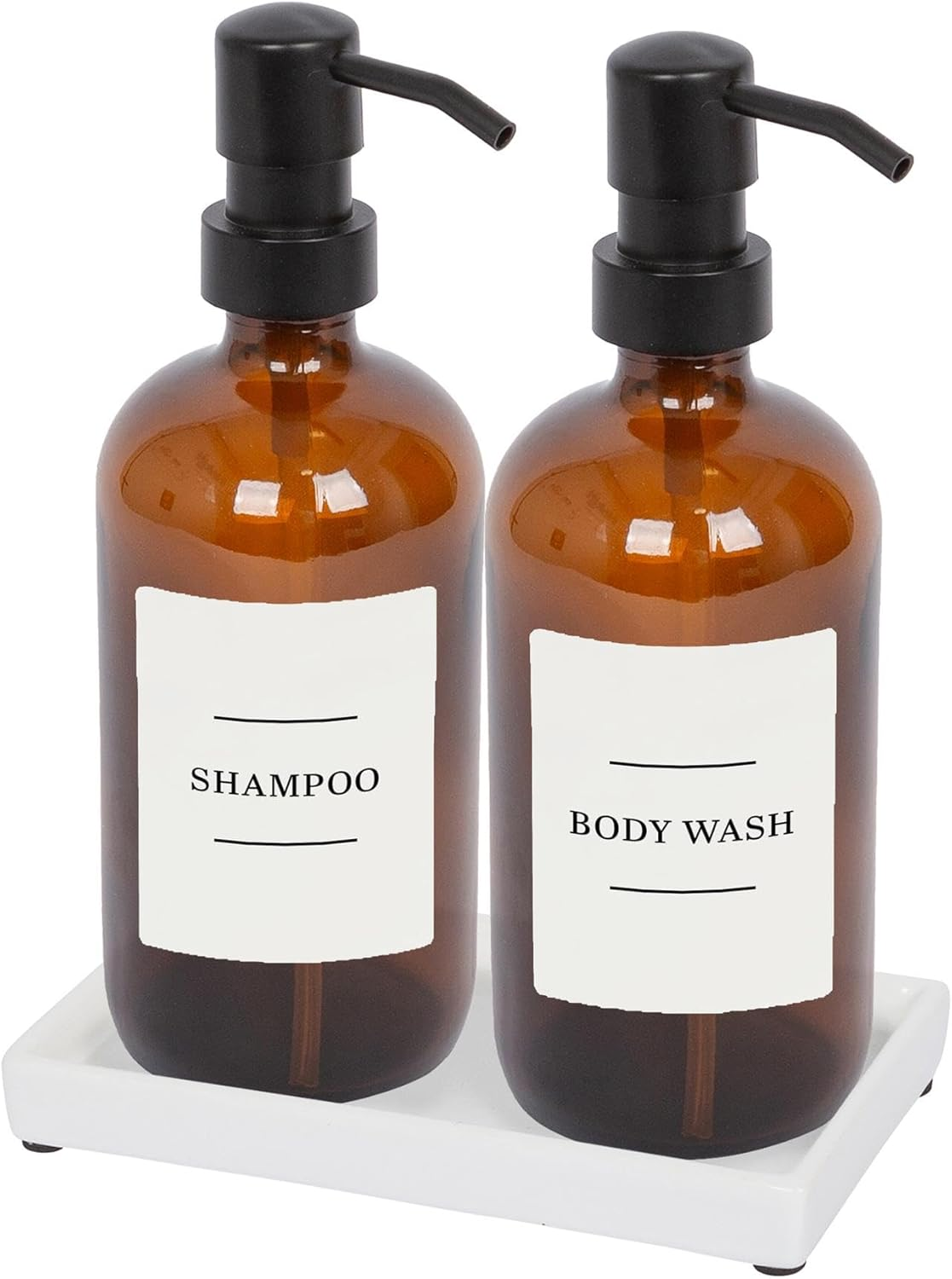 Harbour Housewares 2Pc Glass Soap Dispenser with Bamboo Tray & Labels - Amber/White - 500Ml Refillable Soap Dispensers Hand and Dish Liquid Pump for Bathroom, Kitchen, Laundry Room