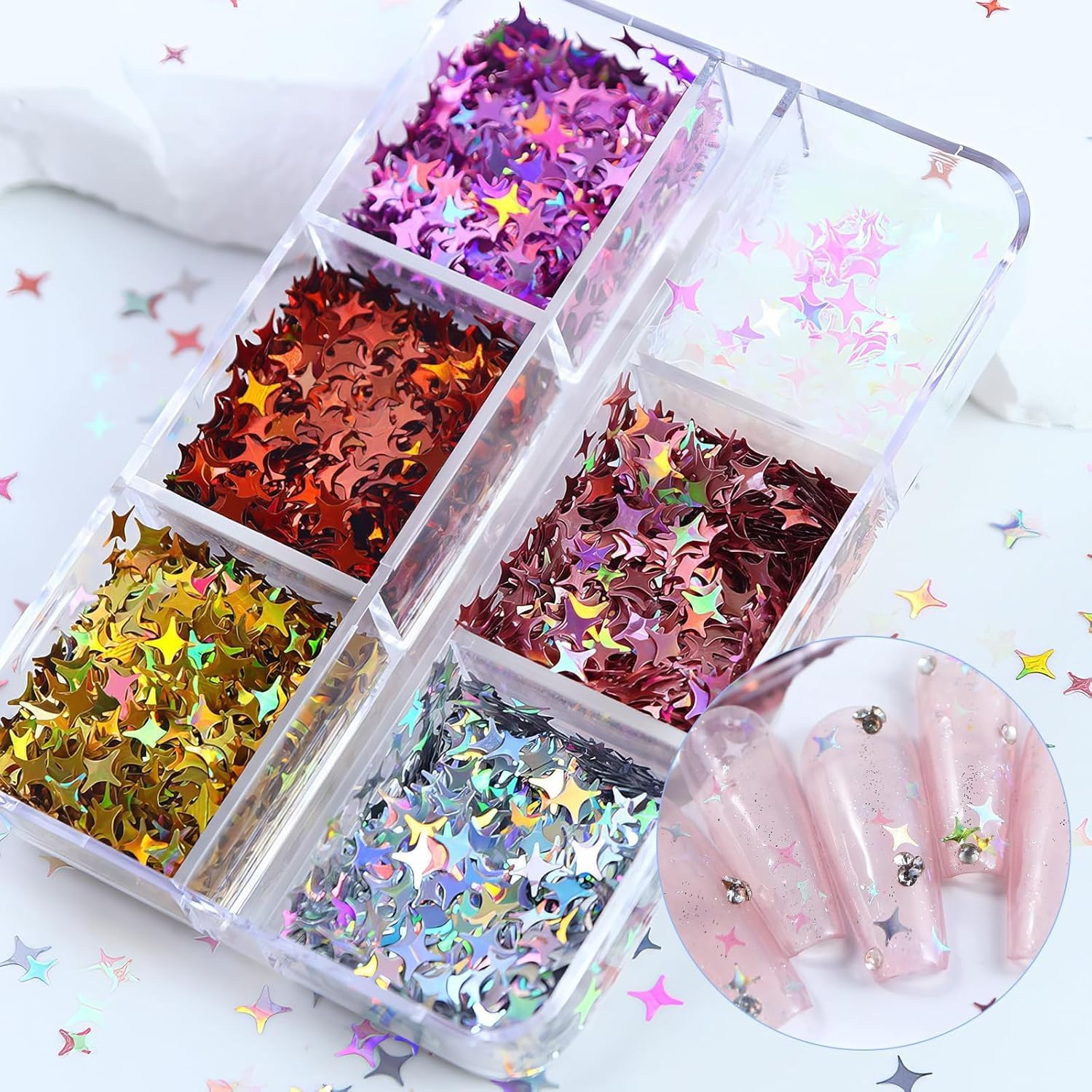6 Grid Holographic Star Nail Glitter Set,3D Five-Pointed Star Sequins,Flakes for Nail Art, Independence Day Decor, DIY Crafts Holographic Sparkle Nail Decals for Women Girls Manicure Supplies image number 5