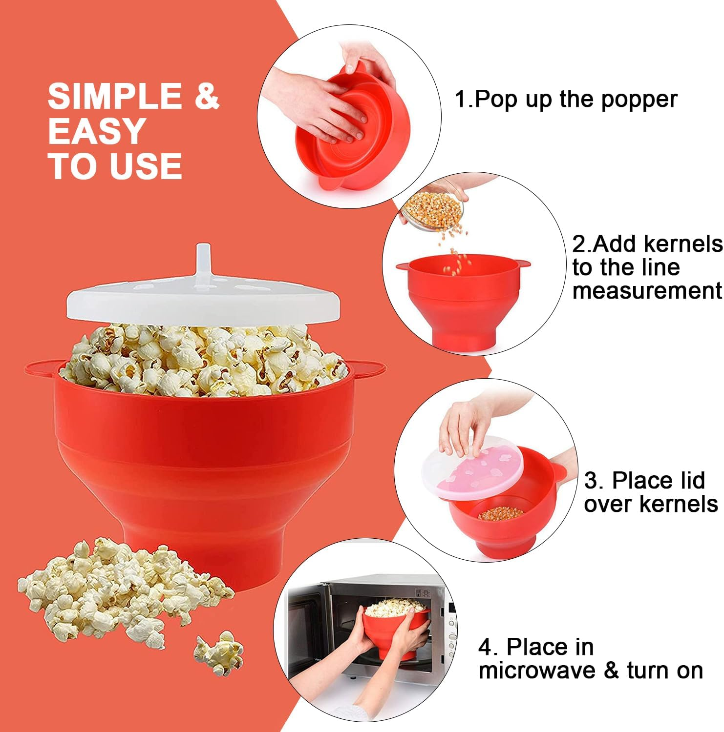 Microwave Popcorn Maker, Popcorn Bowl, Silicone, Collapsible Microwaveable Bowl. Silicone Microwave Popcorn, with Handle, Dishwasher Safe, Oil Free, Bpa Free, High Temperature Resistant (Red) image number 6