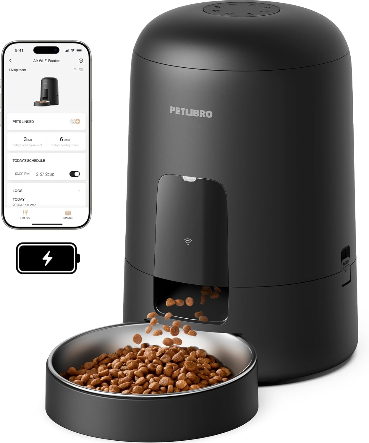 PETLIBRO Automatic Cat Feeder, Wi-Fi Rechargeable Cats Food Dispenser Battery-Operated with 30-Day Life, AIR 2.4G Wi-Fi Timed Pet Feeder for Cats & Dogs, 2L Auto Cat Feeder, Black image number 4