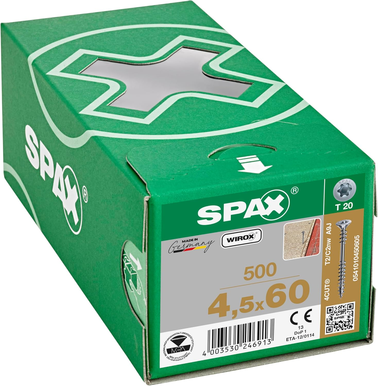 SPAX T-Star plus 0541010450605 Laying Screw, 4.5 X 60 Mm, Pack of 500, Countersunk Head, Fixing Thread, 4CUT, Wirox A3J