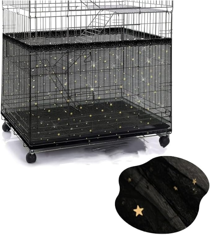 Bird Cage Cover Set, 2-Pack Nylon Net Skirt with Star Pattern, Adjustable Mesh Catcher for Square Parrot Cages (Black)