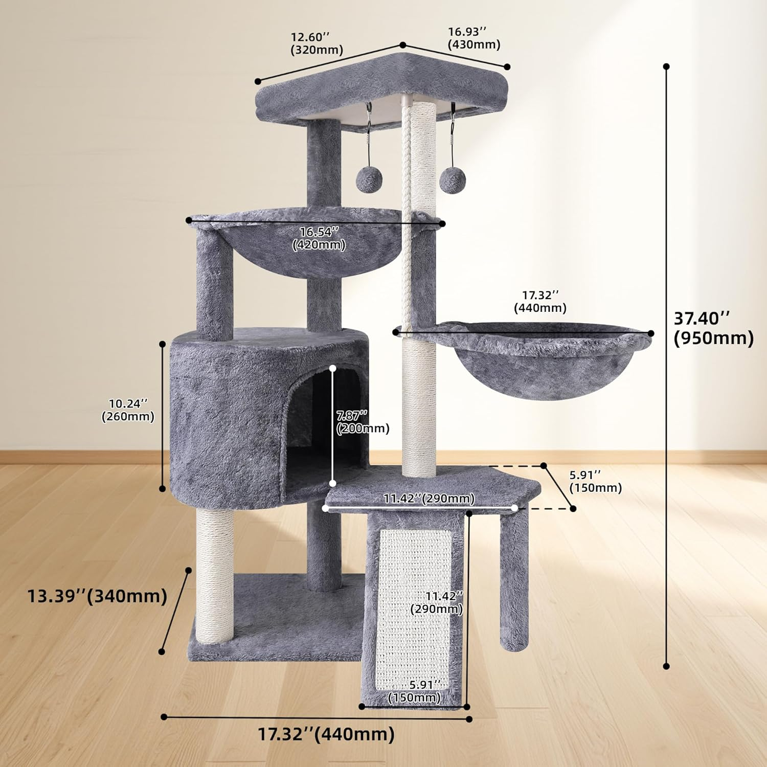 ROYPET 37.4'' Three Layer Cat Tree with Cat Condo Scratching Pad and Two Hammocks, Grey image number 4