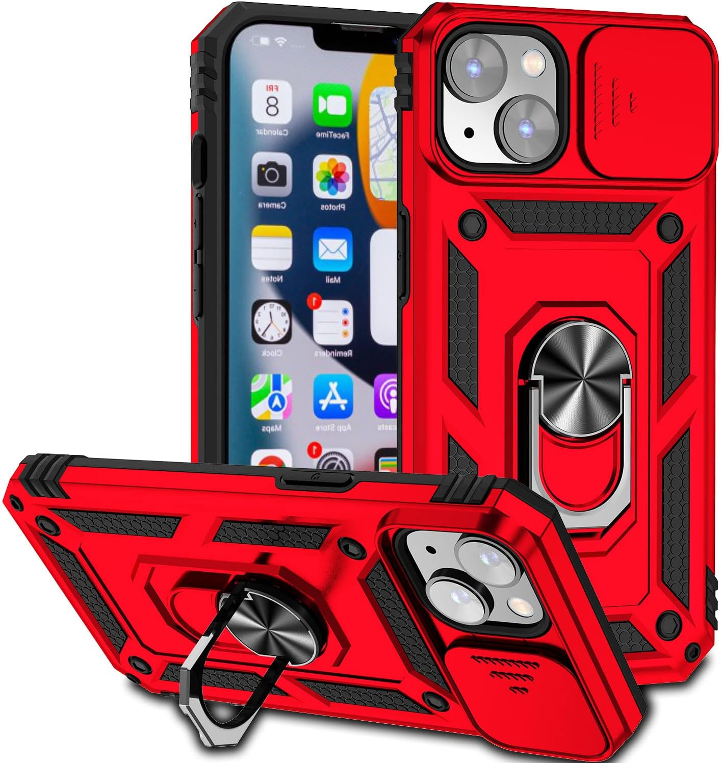 QIWEIQING Iphone 14 Case Plastic Back Cover TPU Bumper Mobile Phone Case 360 Degree Metal Ring Stand Heavy Duty Military Grade Protection Hybrid Shockproof Case for Iphone 14 / Iphone 13. Green JXT