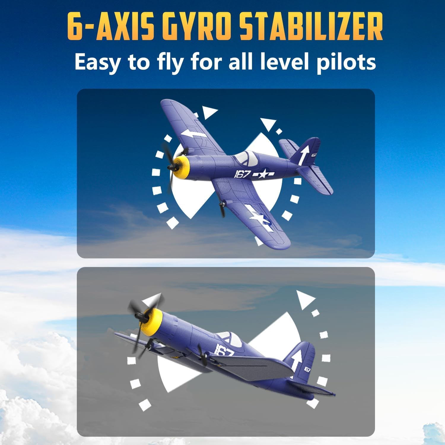 HAWK'S WORK 3 Channel RC Plane F4U Corsair, Remote Control Warbird Ready to Fly, 2.4Ghz 6-Axis Gyro Stabilizer, Easy to Fly for Kids & Beginners image number 5