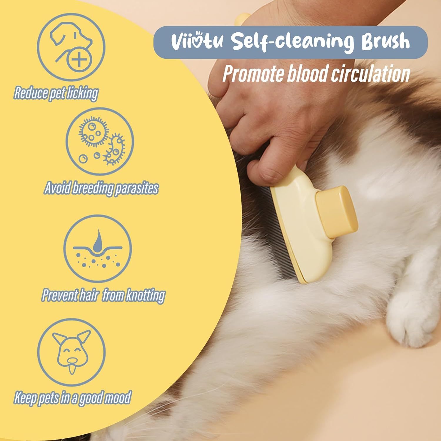 Viiotu Upgrade Pet Hair Remover Comb, One Click Self Clean Dog & Cat Brush Smooth Teeth for Safe Massage, Long Teeth Remove Underfur & Lice, Dual - Length Teeth Untangle for Dog Cat - Yellow image number 3