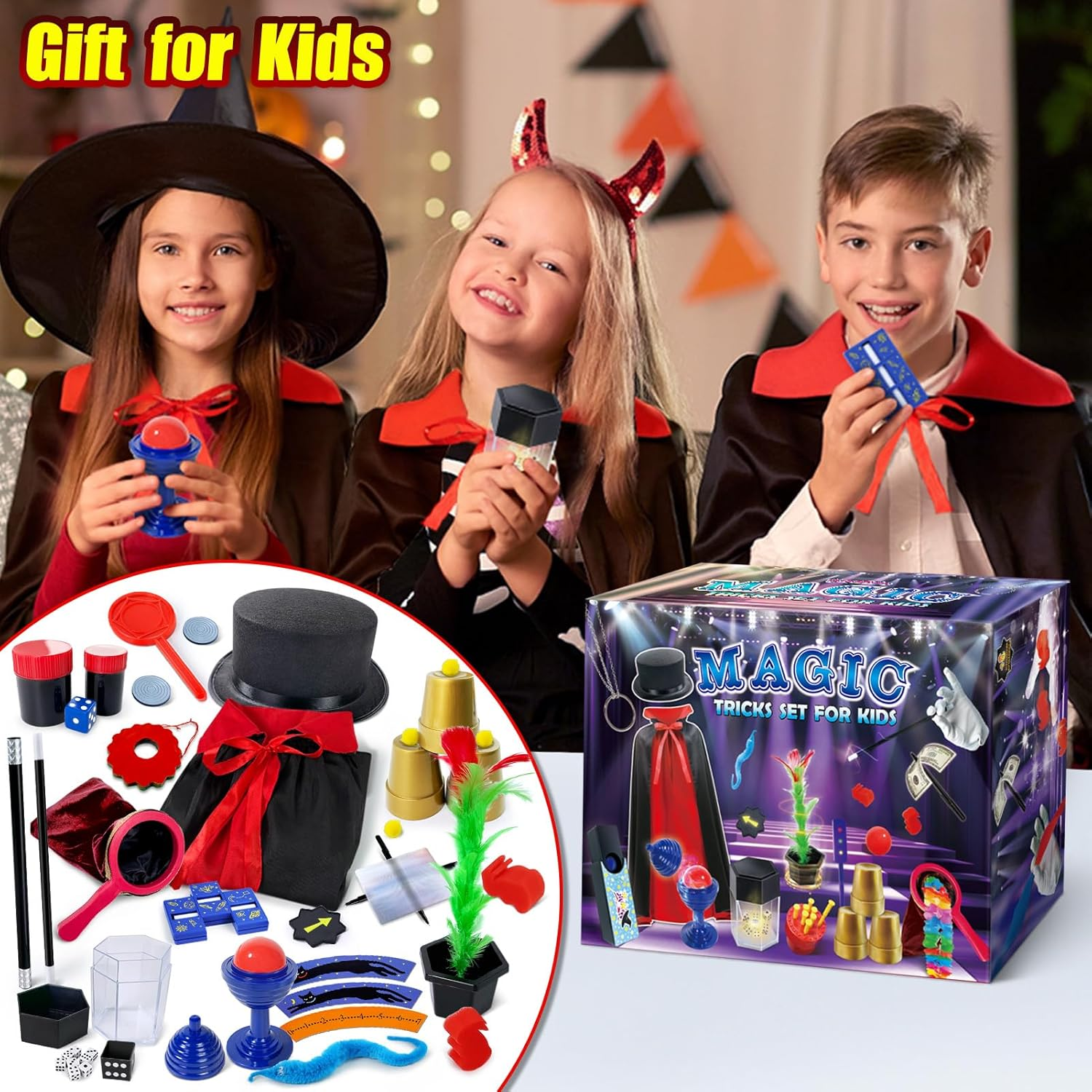 PATIFEED Kids Magic Kit, Magician Costume for Pretend Play, Magic Set with Instructions for Each Trick for Kids Ages 6 7 8 9 10 11 12 image number 1