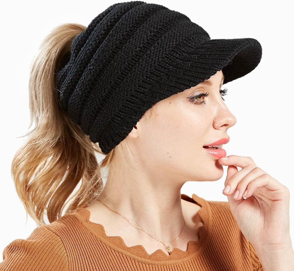 Eachwell Women Cable Knit Beanie Cap Soft Stretch Messy High Bun Winter Ponytail Hat - Black image number 6
