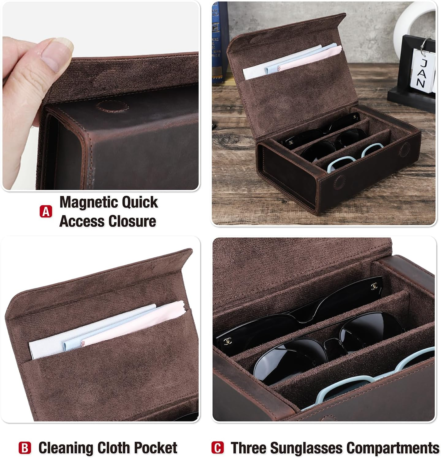 Catapurus Sunglasses Organizer Case for Man & Woman, Top Grain Leather & Handmade, Portable Travel Eyeglasses Storage Holder image number 3