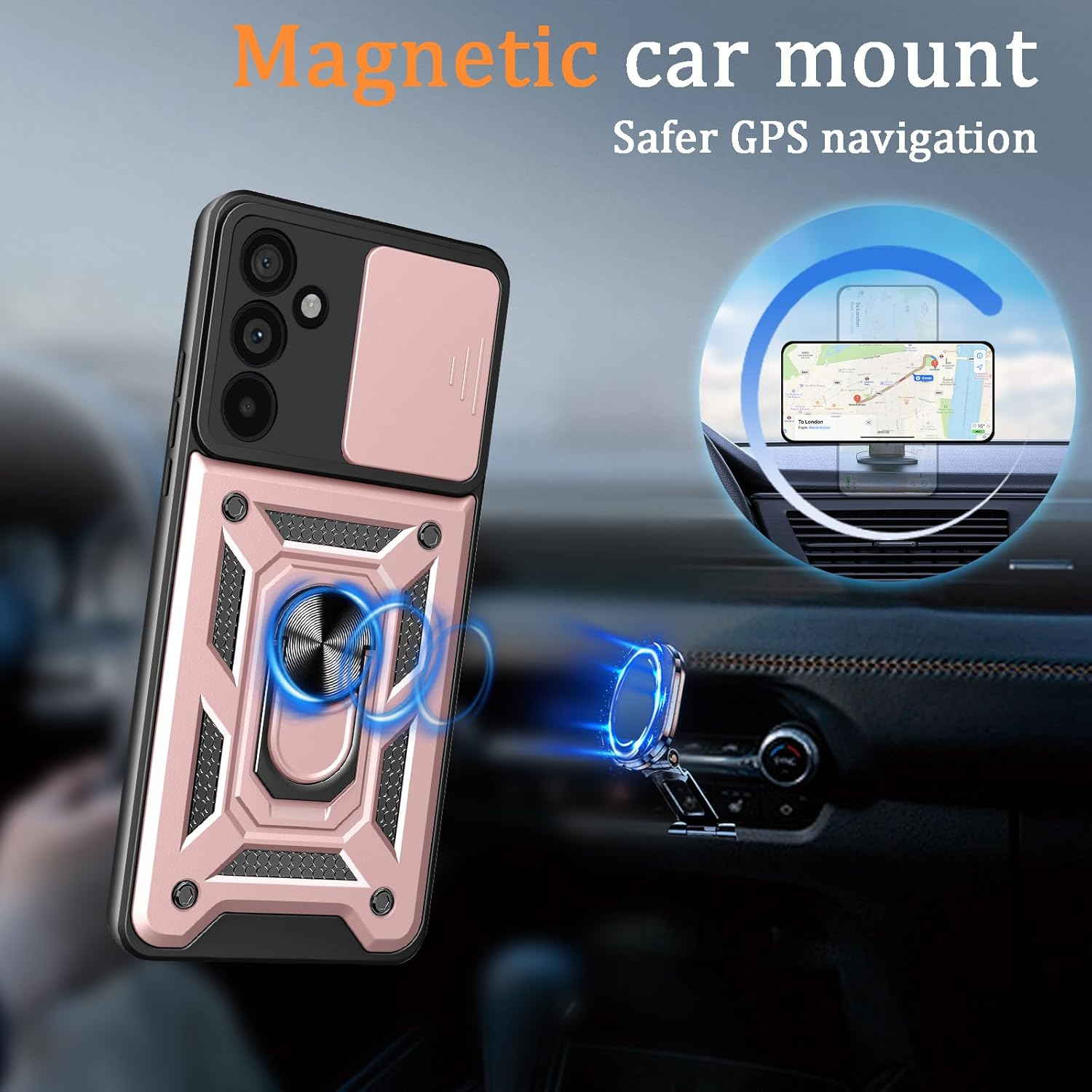 Case for Samsung S26, Camera Protection with Slide Camera, Armour Protective Case with 360 Degree Ring, Metal Holder Magnetic Stand, Silicone Shockproof Mobile Phone Case, Rose Gold image number 2