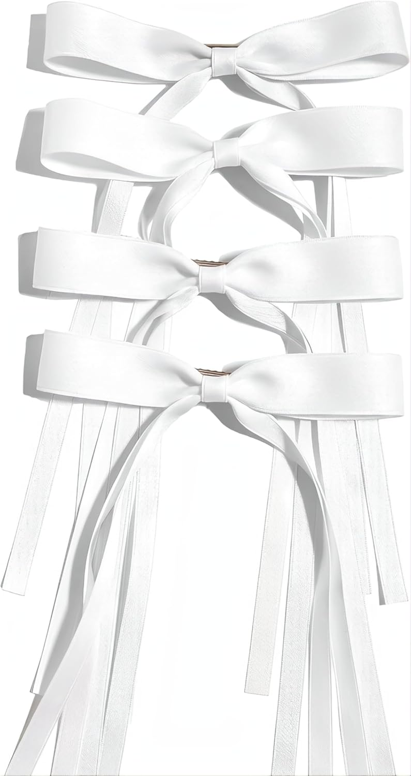 4 Pcs Four Elegant Satin Bow Hairpins, Long-Tailed Hairpins for Women and Girls, for Daily Wear, Weddings, Parties, Photography, Balls and Special Occasions (White) image number 6