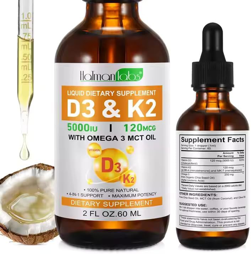 Vitamin D3 K2 Liquid Supplement 60Ml | 2-In-1 Supplement | Vitamin D3 5000 IU with K2 (MK-7) 120 Mcg | Vitamin D & K Supplement for Bone and Calcium Support | Fast Absorption image number 1
