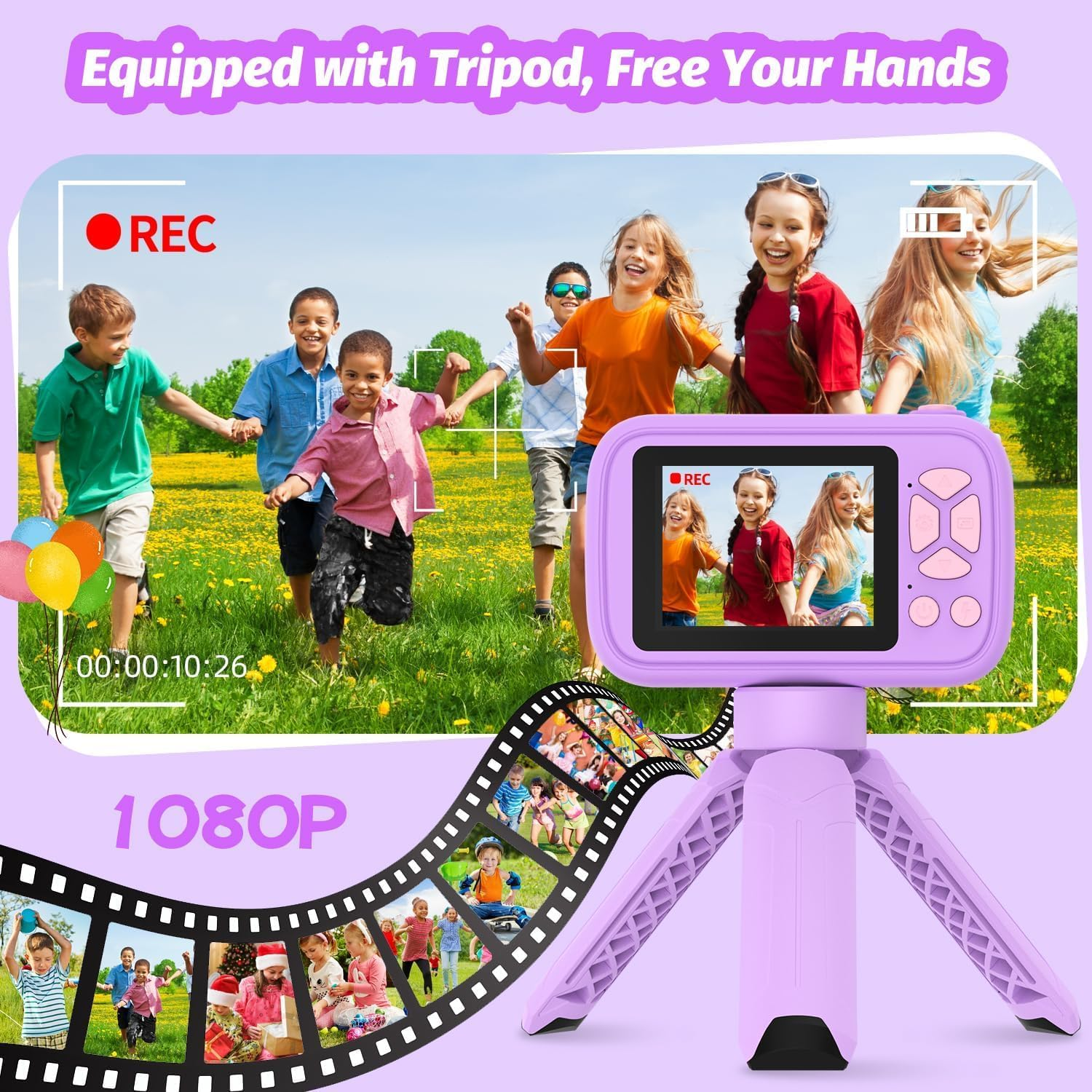 ZONEY Kids Camera Toys,Children'S Camera with Flip-Up Lens for Selfie & Video, 32G 1080P HD Digital Camera with Flash Lamp, Video Recorder, Birthday Gifts for Boys Girls (Purple) image number 2