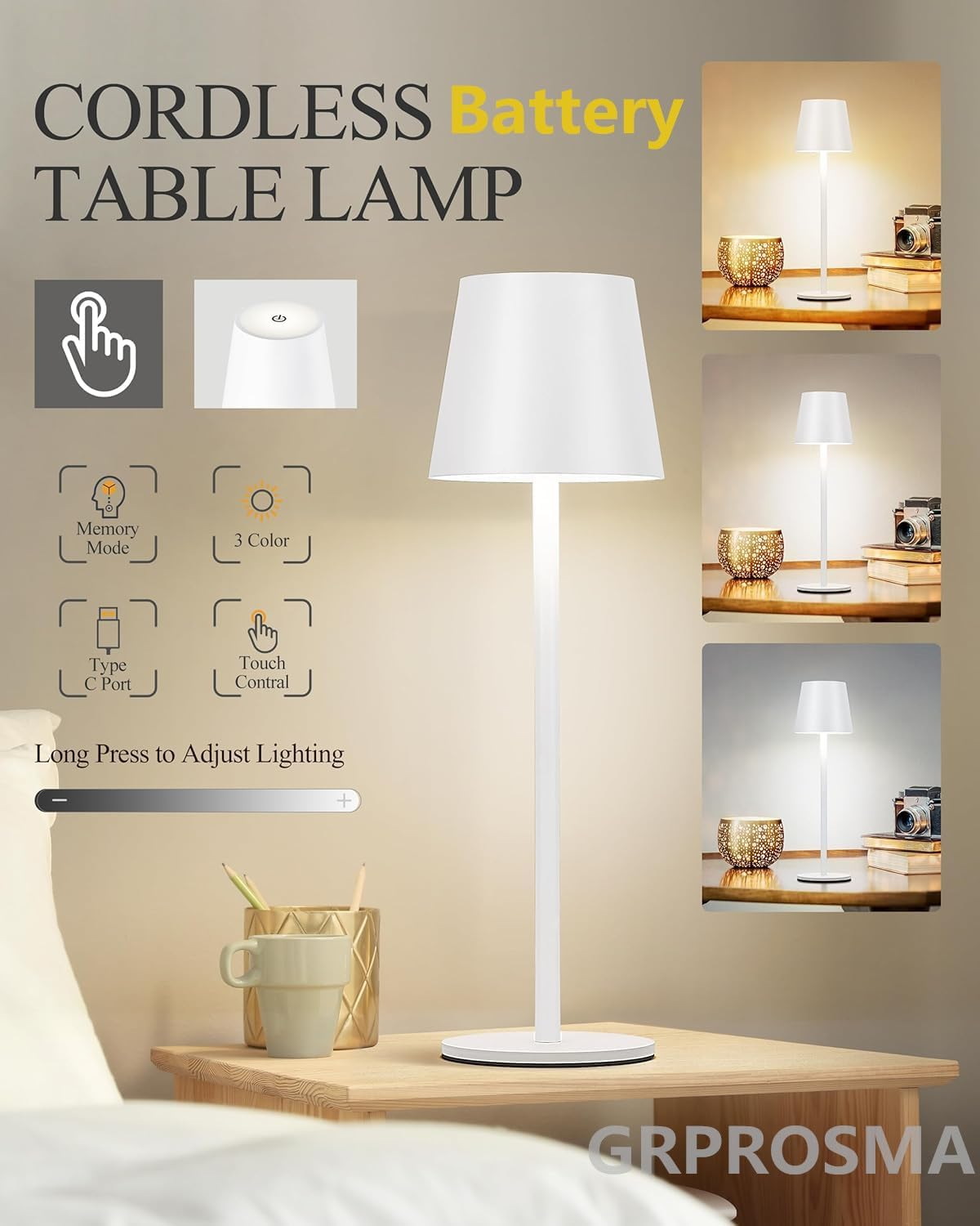 GEPROSMA Cordless Touchtable Lamp Bedside Lamp Rechargeable Battery Operated 4400MAH, Metal Modern Wireless Desk Lamp 38CM,3 LED Modes Dimming,Portable Light for Bedroom Living Room Outdoor,White image number 2