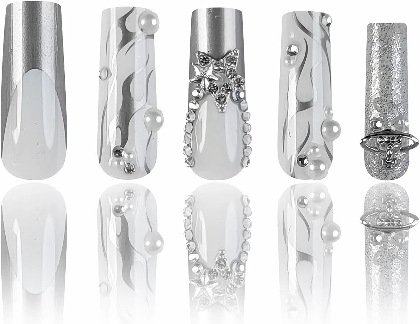 MISUD Press on Nails Long Square Fake Nails Glossy Glue on Nails Silver Chrome Swirl Acrylic Nails Squoval French Tip Artificial Nails Rhinestone Stick on False Nails with Dis image number 3