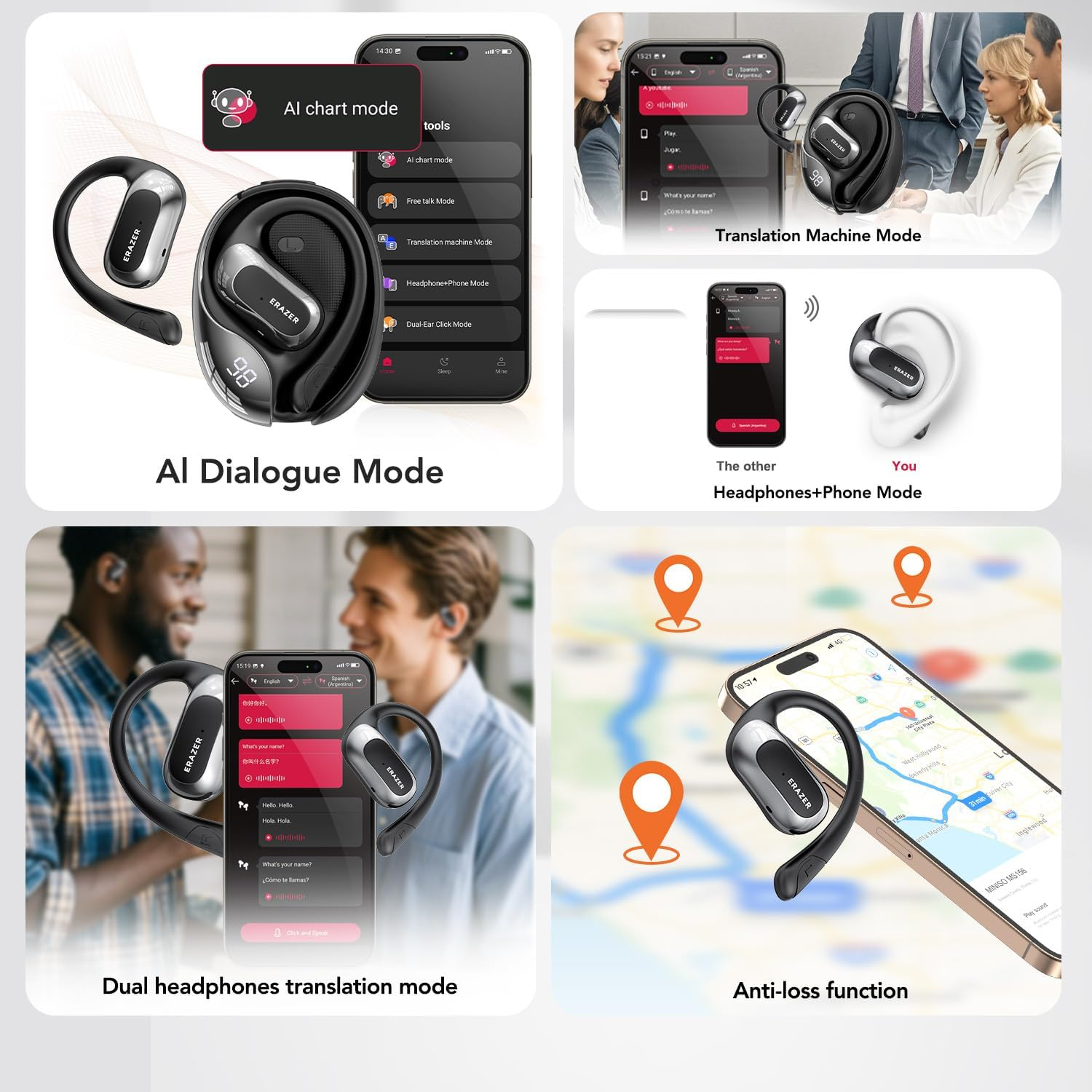 ERAZER X5 AI Translator Earbuds, 3-In-1 Translator Headphones in 135 Languages with APP, Bluetooth 5.4 Open Ear Headphones 40H Playtime with 13Mm Dynamic Driver Hifi Stereo for Ios & Android (Purple)