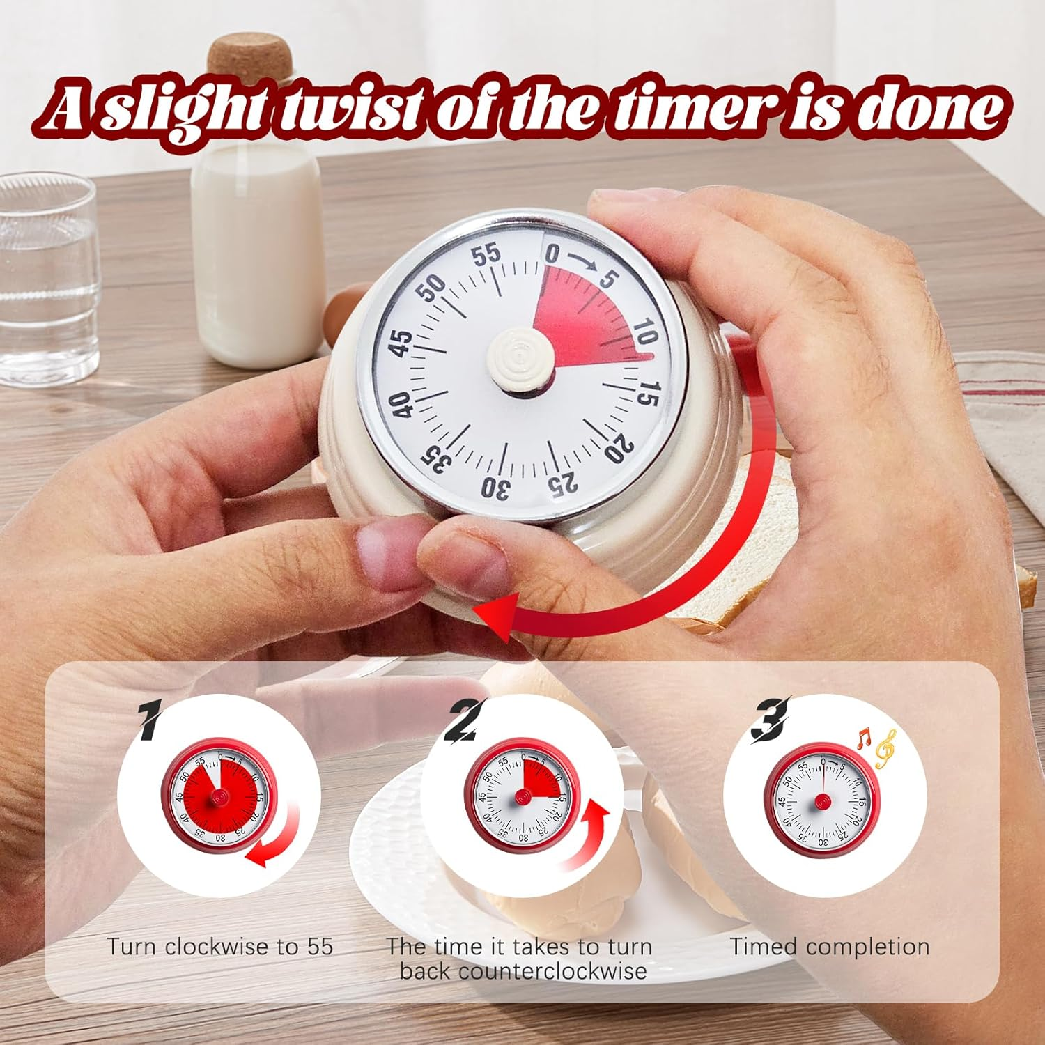 Timer, Mechanical Kitchen Timer, No Battery Needed, Manual Wind - Up, Magnet Attachable, for Cooking, Baking, Yoga & More, up to 1 Hour Precise Timing (Beige)