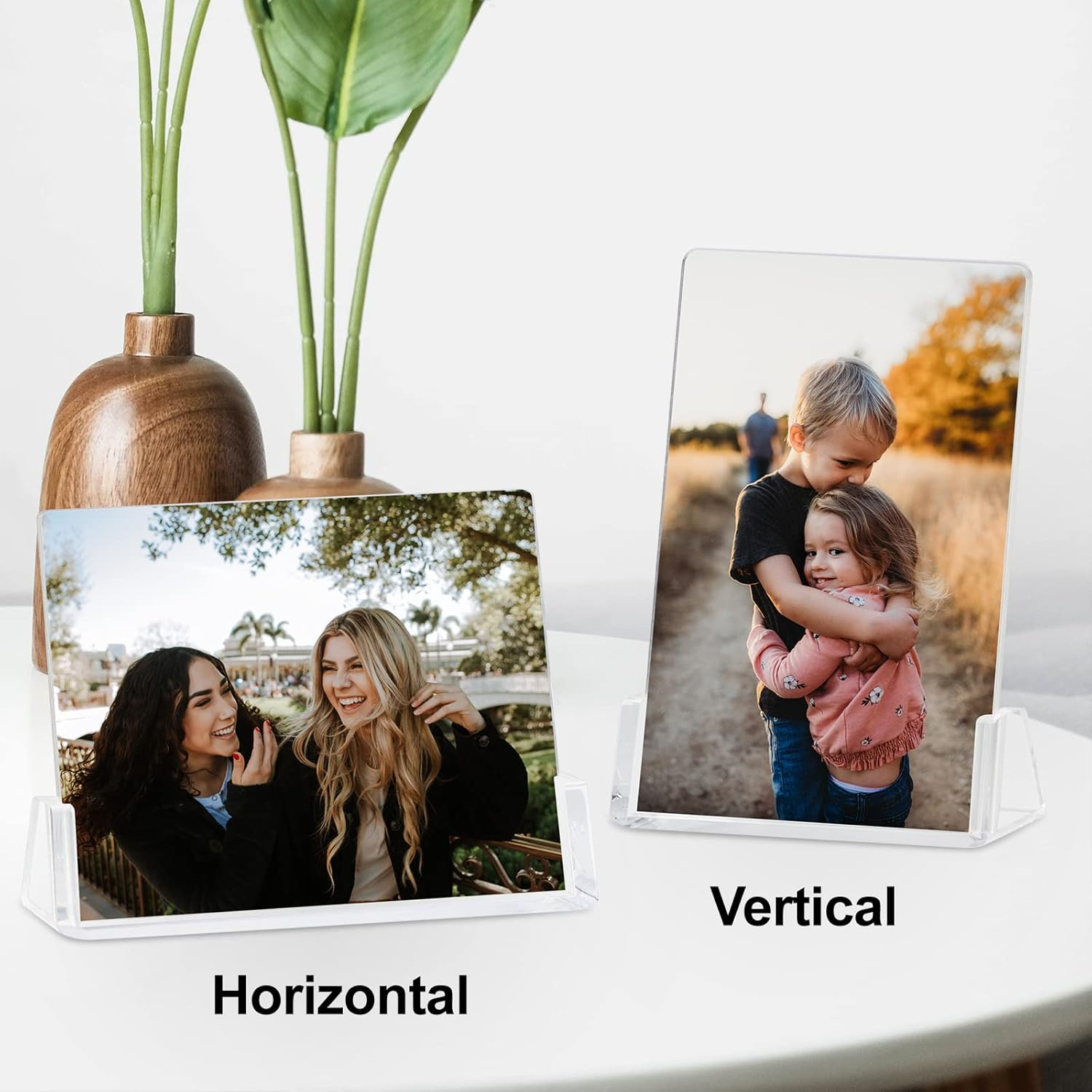 Boxalls 2 Pack Acrylic Picture Frames 6X8 with Clear Base Stand, Frameless Photo Frame for Tabletop or Desktop Display (Horizontal + Vertical) image number 2