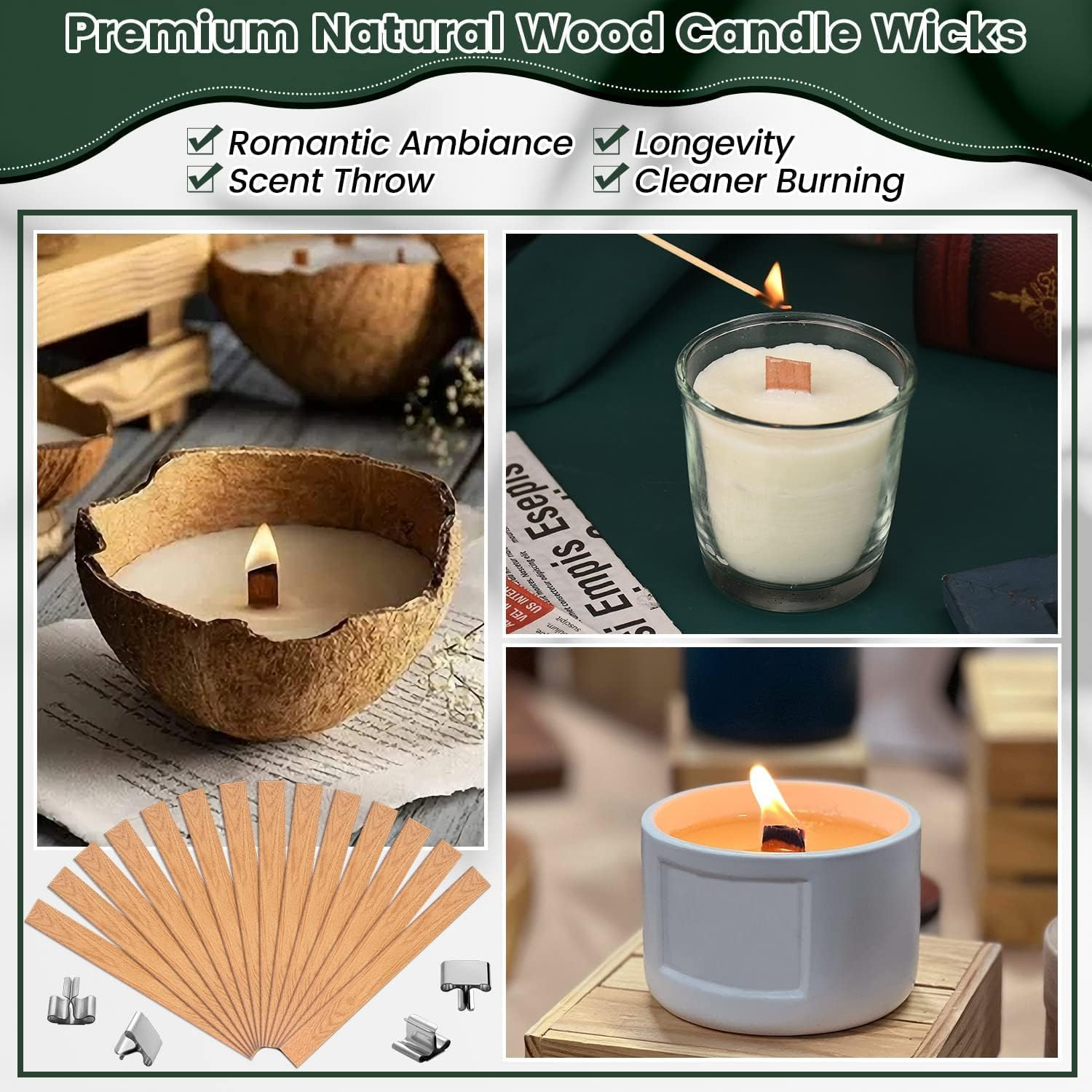 420PCS Wood Wicks for Candles Making, with 100 Crackling Wood Candle Wicks & 100 Metal Base 120 Warning Labels 100 Glue Dot for Candle Making Kit image number 5