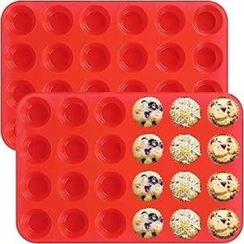 2Pack 24 Mini Cups Silicone Muffin Pan,Cupcake Baking Pan Mould,Nonstick BPA Free Silicone Molds for Muffin Tins(Red)