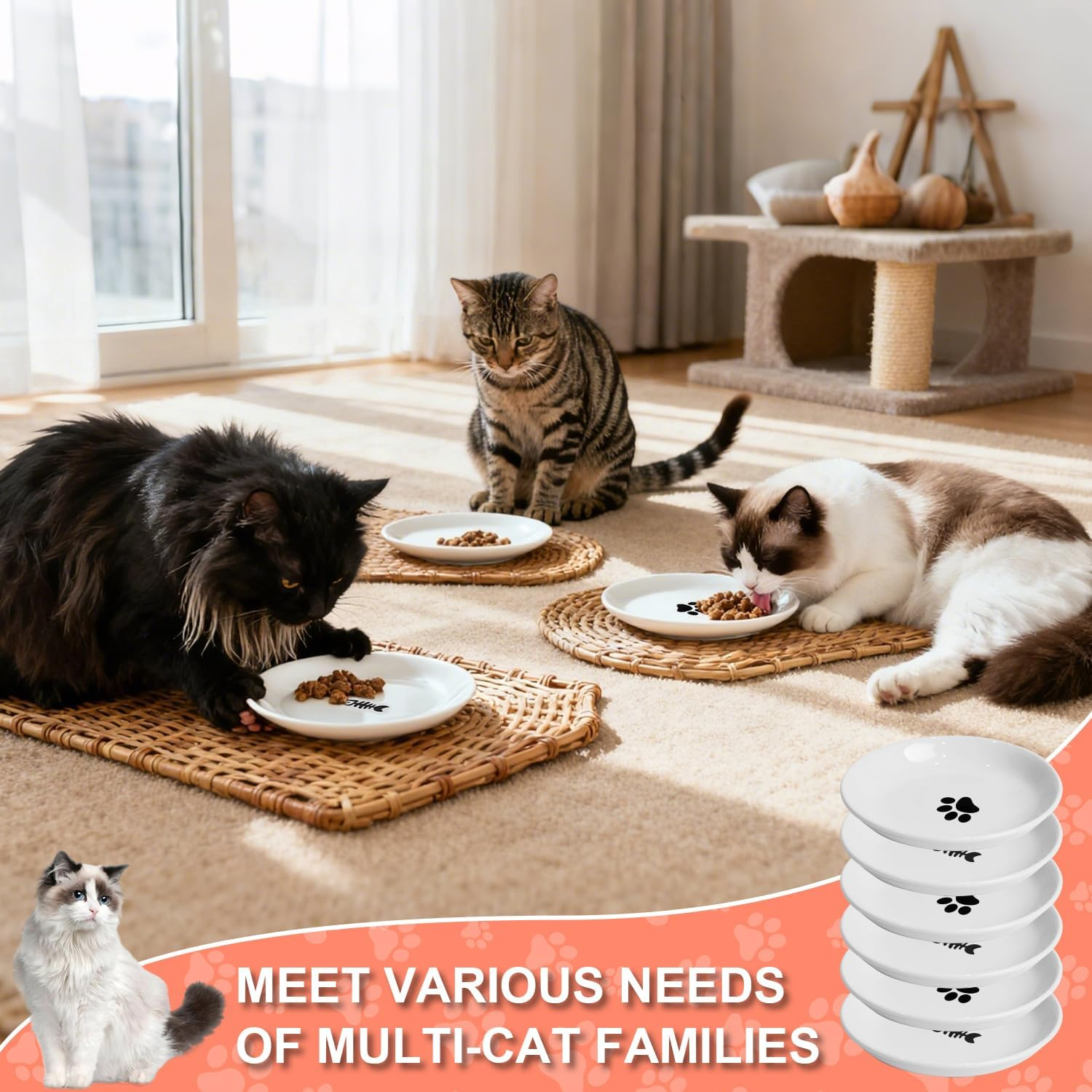 Pack of 6 Cat Feeding Bowls, Ceramic Bowls, 15 Cm Diameter, Cat Feeding Bowl, Cat Bowl for Pet Cats and Puppies image number 4