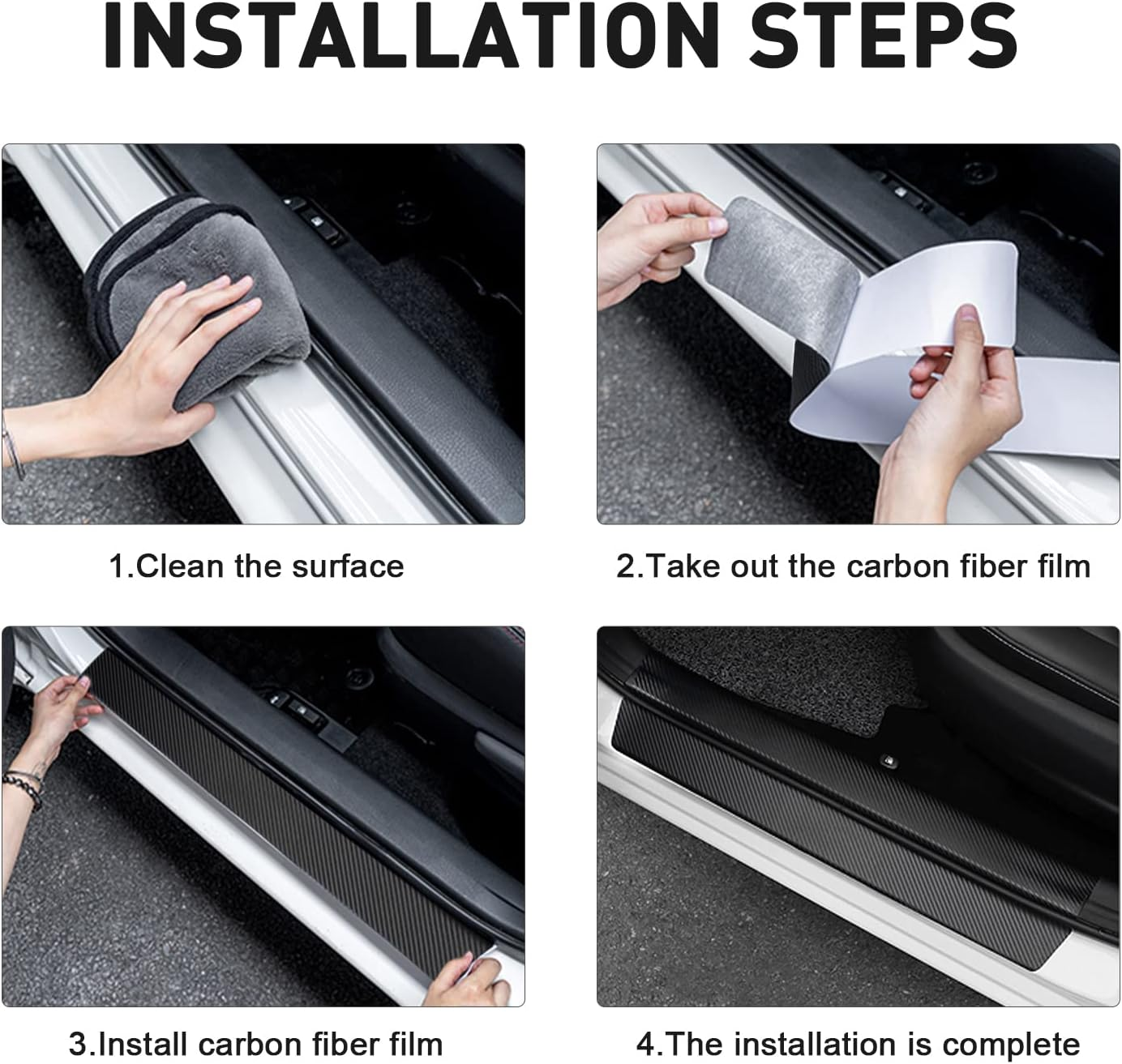 MOCHENT Tricolor Door Sill Protectors for Toyota Tacoma TRD 4Runner Tundra Rav4 Highlander Accessories, Carbon Fiber Front/Rear Door Sill Plate Guard, Retro Stripe Door Entry Guard Stickers(4 Pcs) - White/Blue/Dark Blue image number 2