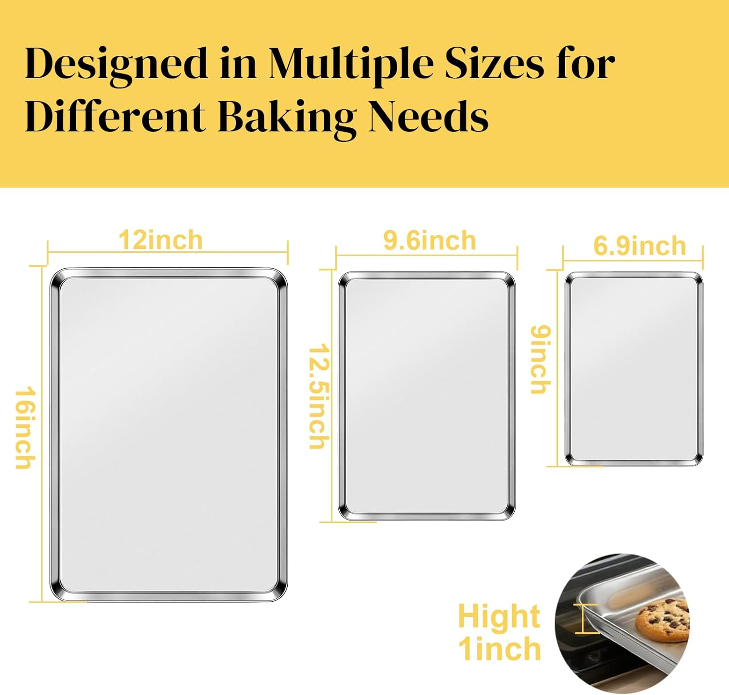 Cookie Sheet Pan Set, 3 Pack Stainless Steel Baking Sheets, Non Stick, Non Toxic & Heavy Duty Bakeware, 3 Size Set (9/12/16 Inch) for Oven Roasting, Cooking, Baking​ image number 5