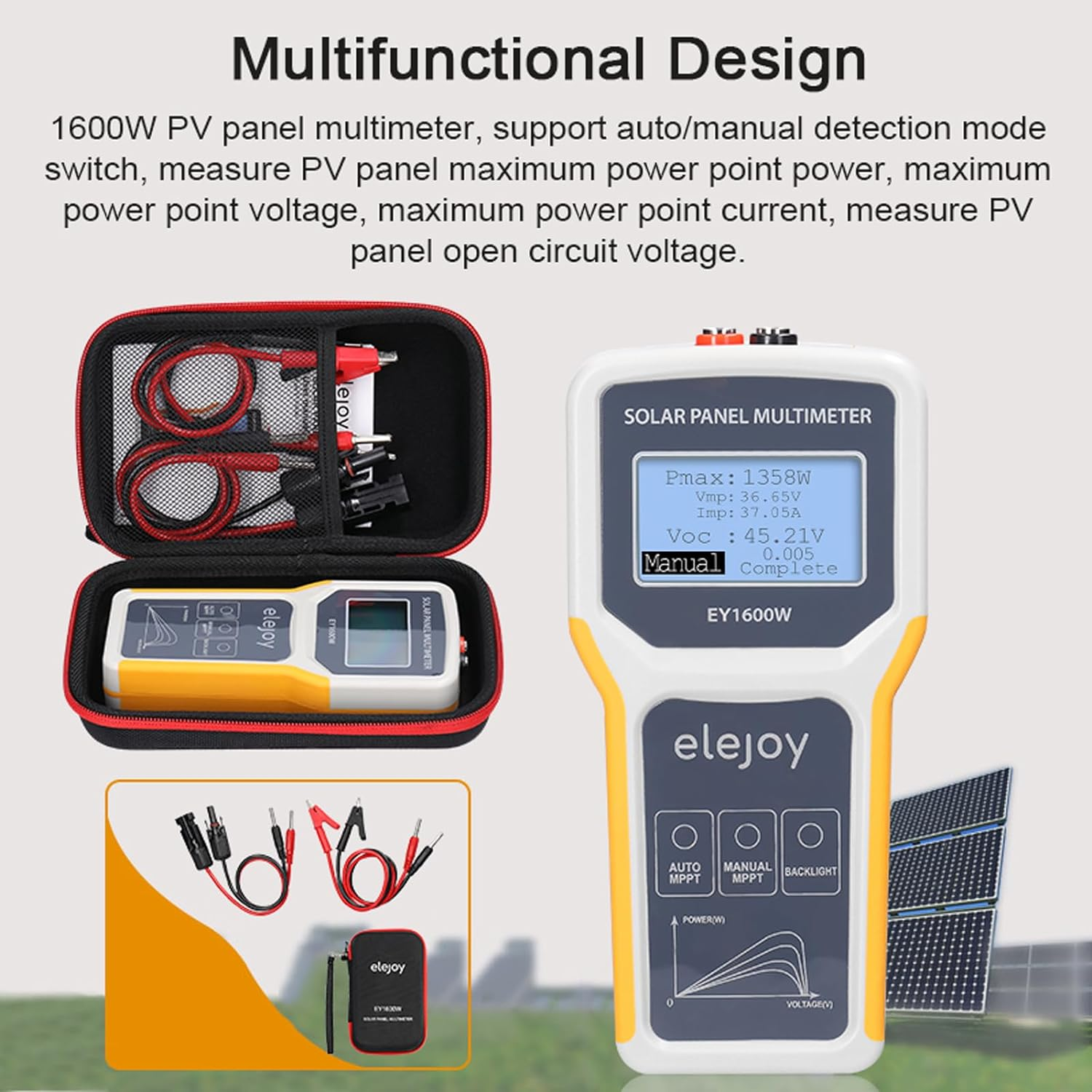 Domary 1600W Photovoltaic Panel Multimeter Solar Panel MPPT Tester Open Circuit Voltage Test Device Maximum Power Point Voltage Current Power Test Meter LCD Display with Backlight image number 2