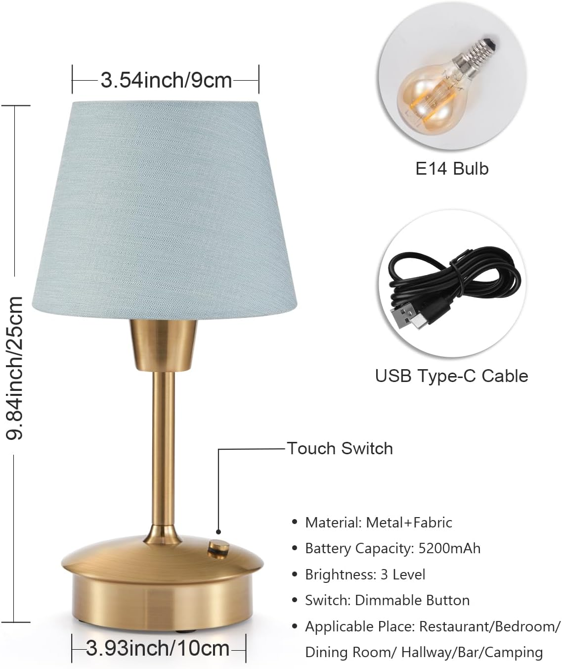 Small Cordless Table Lamp for Restaurant Bar, 5200Mah Rechargeable Battery Operated Portable Mini Dimmable Touch Desk Lamps Night Light for Bedside Kitchen Entryway Patio Outdoor Dining Table (Gold) image number 2