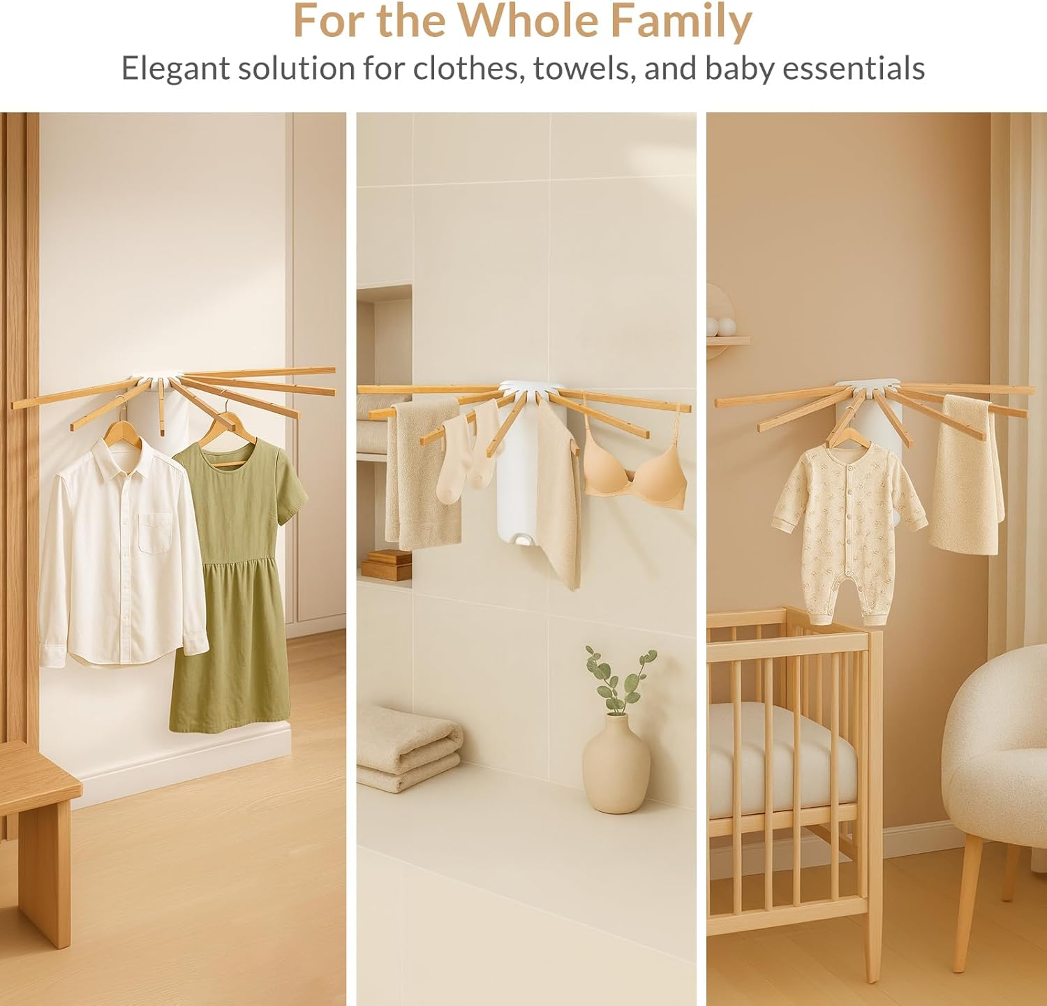 Todeco Wall Mounted Drying Rack with 7 Beech Wood Rod, Collapsible Clothes Drying Rack with Extra Botton Hook, Laundry Drying Rack for Bathrrom Balcony Laundry Room image number 4