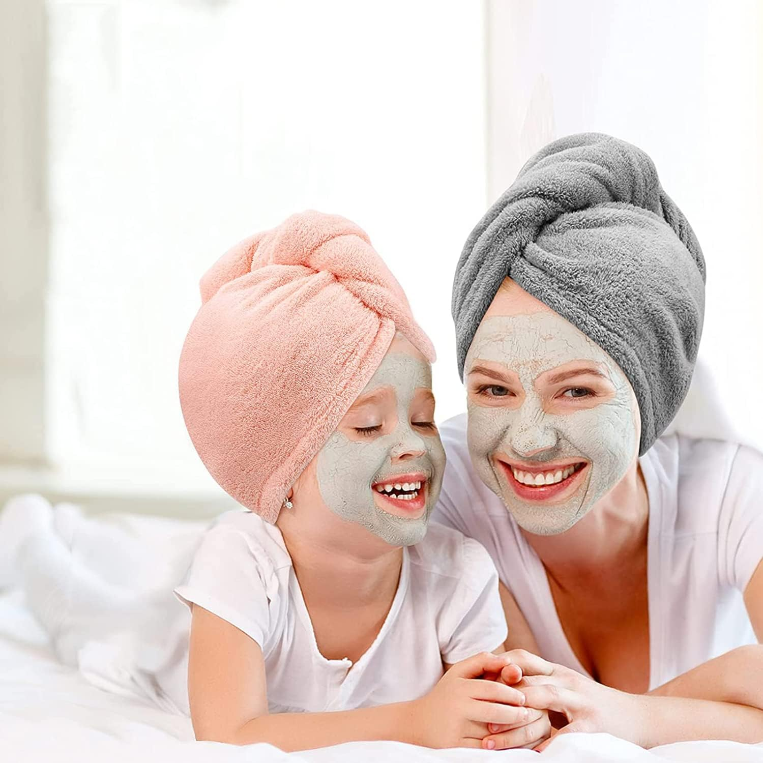 2 Pack Microfiber Hair Towel Wrap AUMA Super Absorbent Twist Turban for Women Fast Drying Hair Caps with Buttons for Drying Curly, Long & Thick Hair anti Frizz (Pink) - Light Blue image number 4