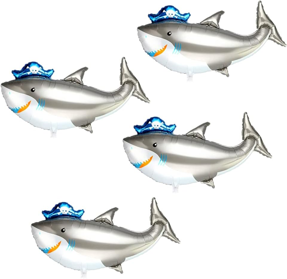 4Pcs Shark Balloons Large Aluminum Foil Shark Balloon Pirate Theme Ocean Theme Birthday Party Decorations Baby Shower(Pirate Shark-4Pcs) image number 1