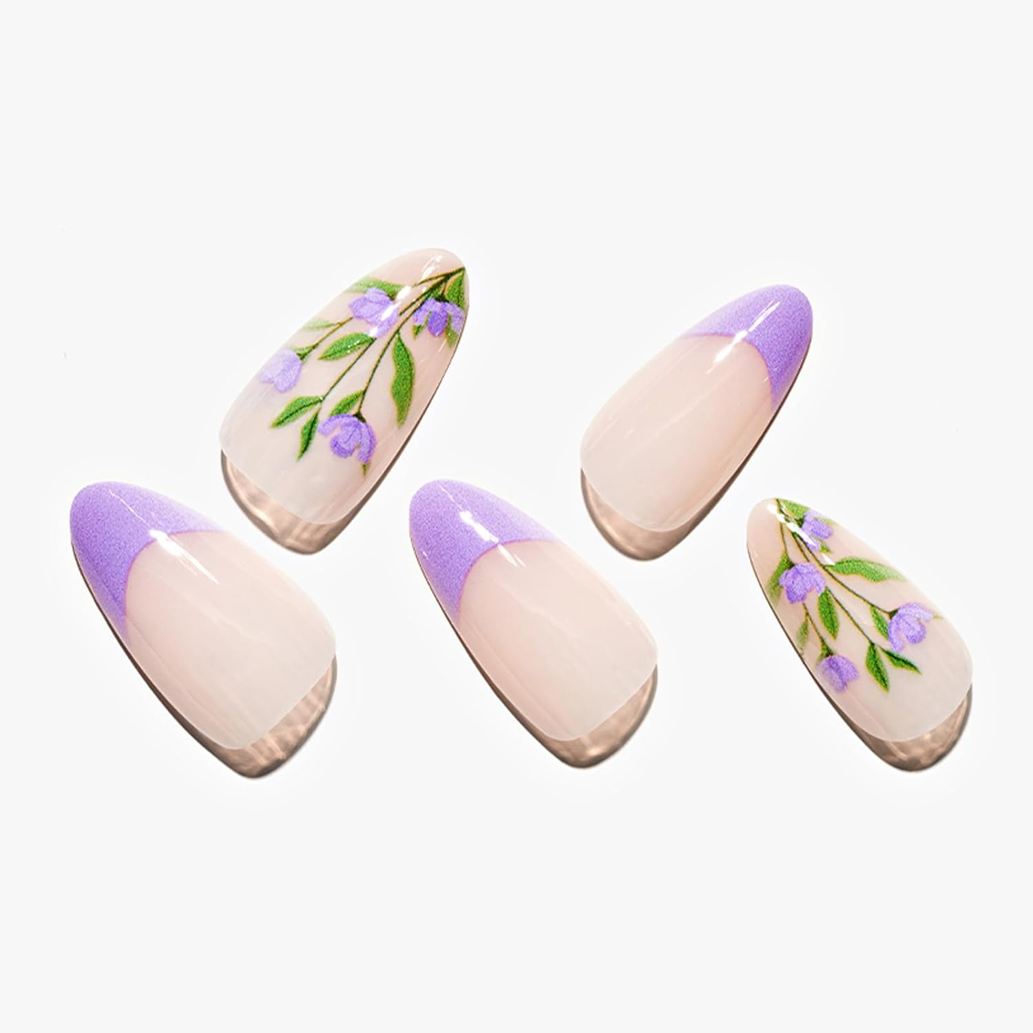Press on Nails Medium Almond Flower Fake Nails Purple Full Cover False Nails with Flower Designs Glossy False Nails with Nail Glue Artificial Acrylic Nails for Women Girls 24 Pcs image number 1