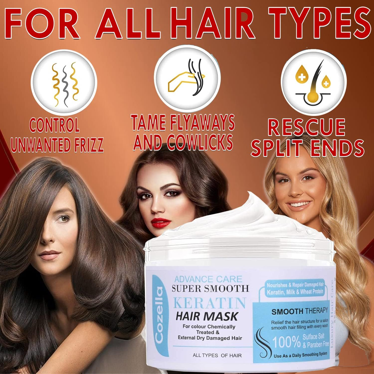 Cozella Advance Care Supre Smooth Keratin Hair Mask |For Colour Chemically Treated & External Dry Damaged Hair |Sulfate and Paraben Free| All Hair Types | 500ML image number 5