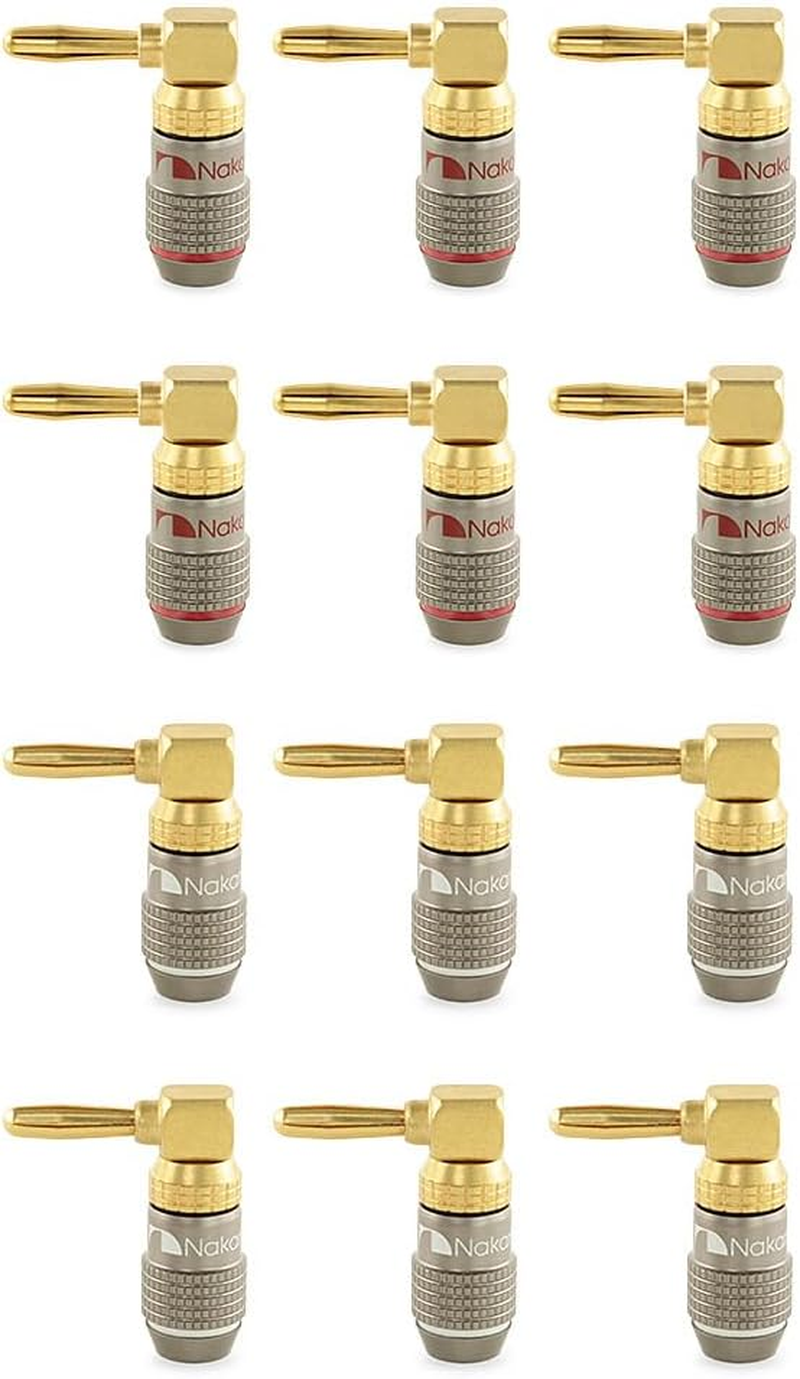 Nakamichi Fanlock Excel Series 24K Gold Plated Right-Angle 90 Degree Banana Plugs 10 AWG - 18 AWG Gauge Size 4Mm for Speakers Amplifier Hi-Fi Home Theatre Wire Cable Quick Connector, 12 Pcs (6-Pairs) image number 2