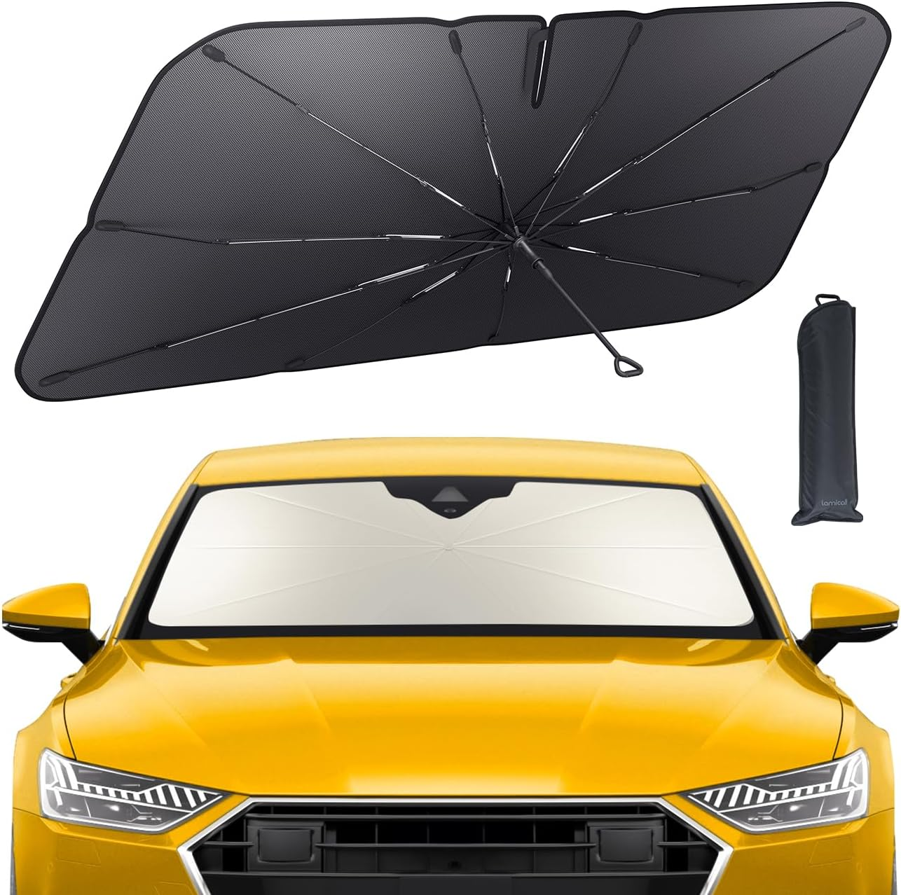 Lamicall Car Windshield Sunshade Umbrella &ndash; 5-Layer UV Block, 10-Rib Fiberglass Frame for Heat Insulation, 145X85Cm Front Window Interior Sun Protection, for Medium Sedan, SUV Windshield image number 3